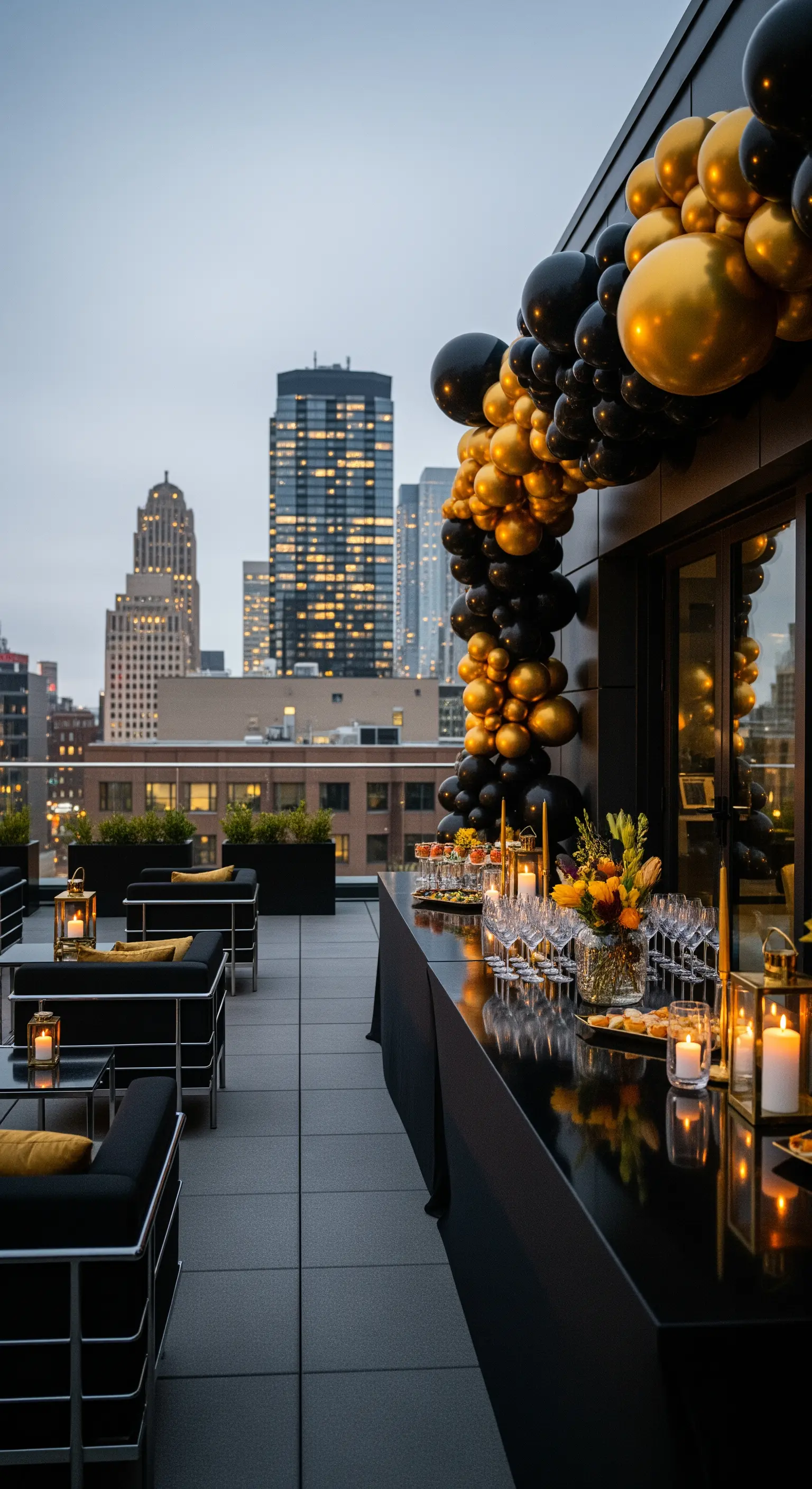 Terrazza con bar all'aperto, arco di palloncini neri e oro, e vista sulla città.