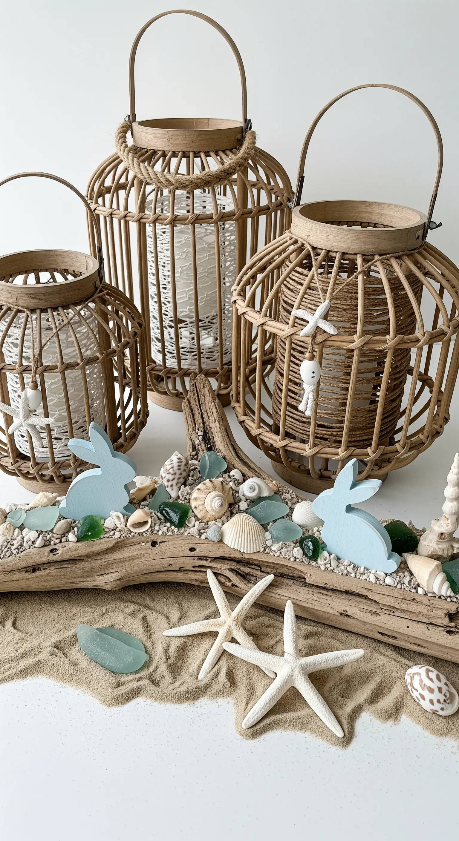 Decorazione pasquale a tema marino con lanterne in rattan, legno, sabbia e coniglietti azzurri.