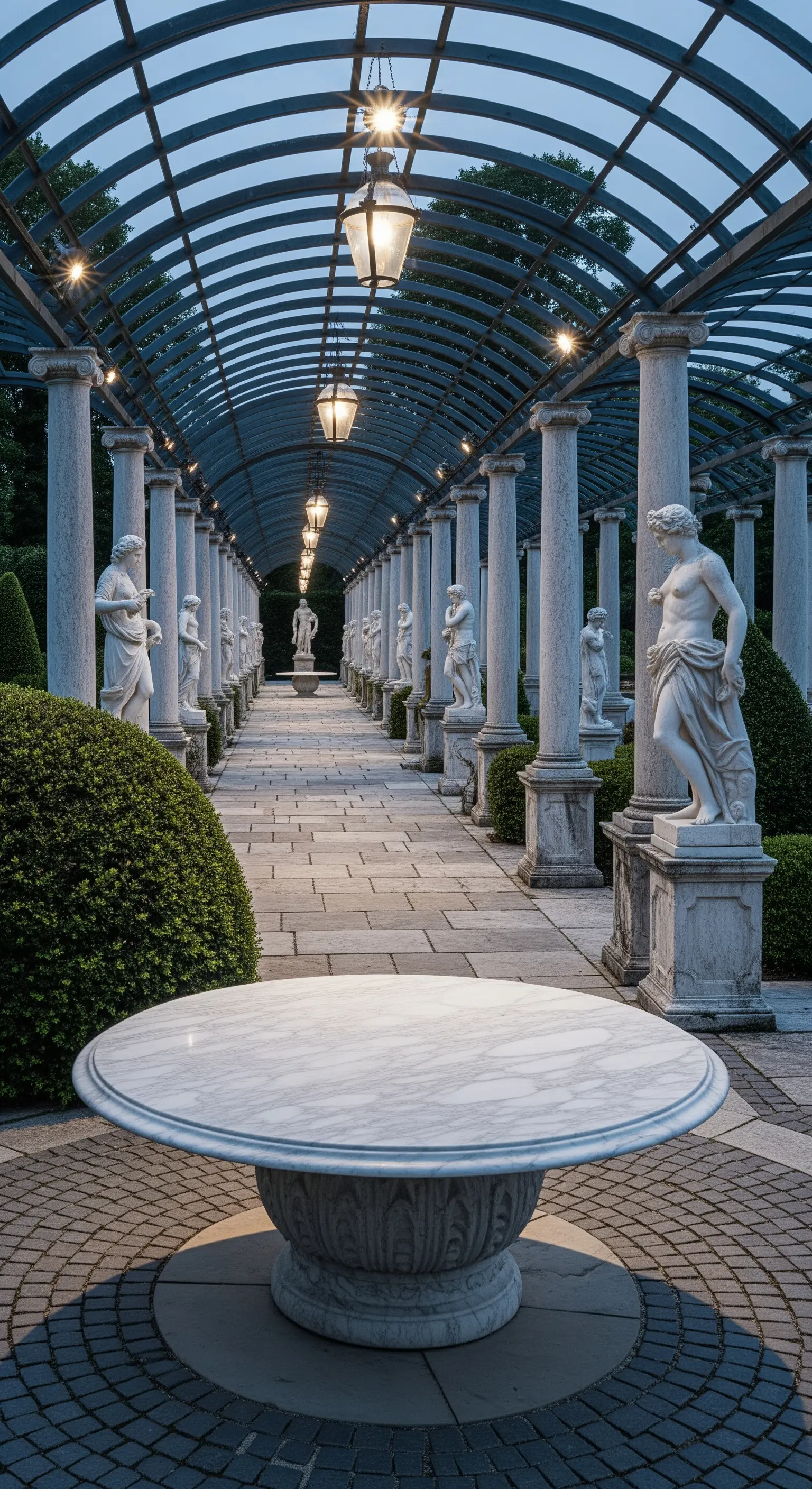 Lungo pergolato colonnato con statue classiche e lanterne, in un giardino formale.