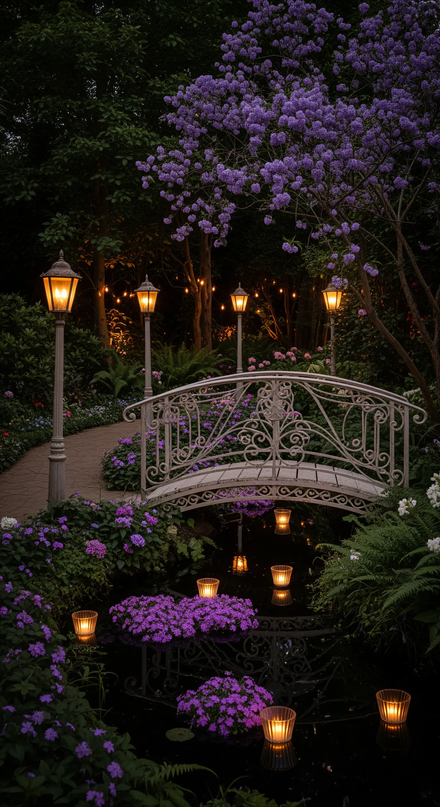 Giardino con lampioni classici, ponte in ferro battuto bianco e fiori viola.