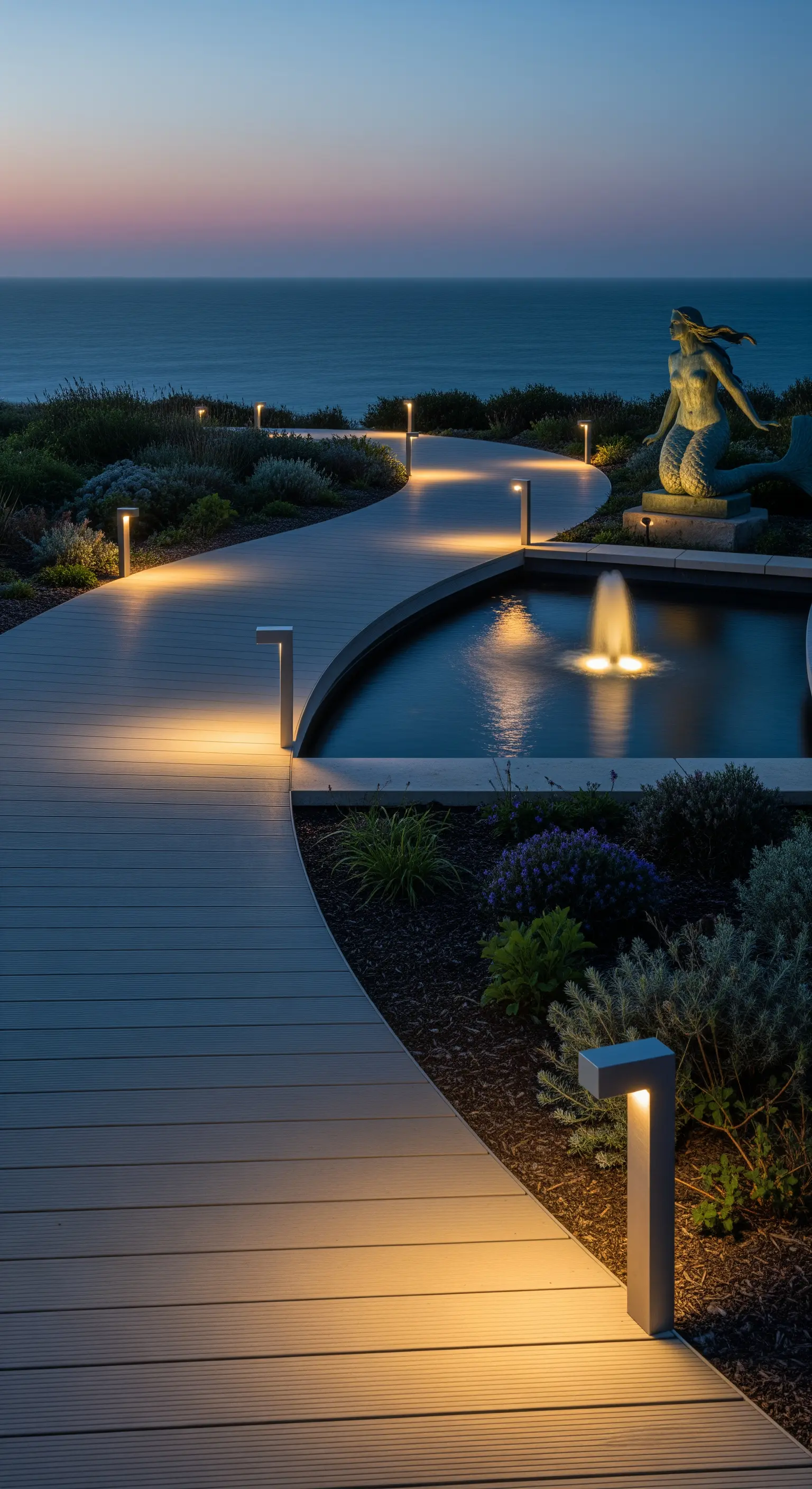 Passerella in legno curvata con lampioncini moderni che si affaccia sul mare al tramonto.