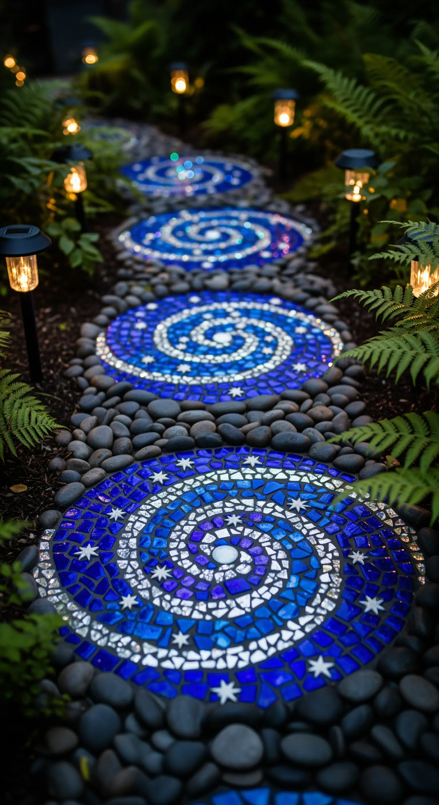 Mosaici a spirale blu e bianchi che creano un sentiero notturno illuminato da piccole luci solari.