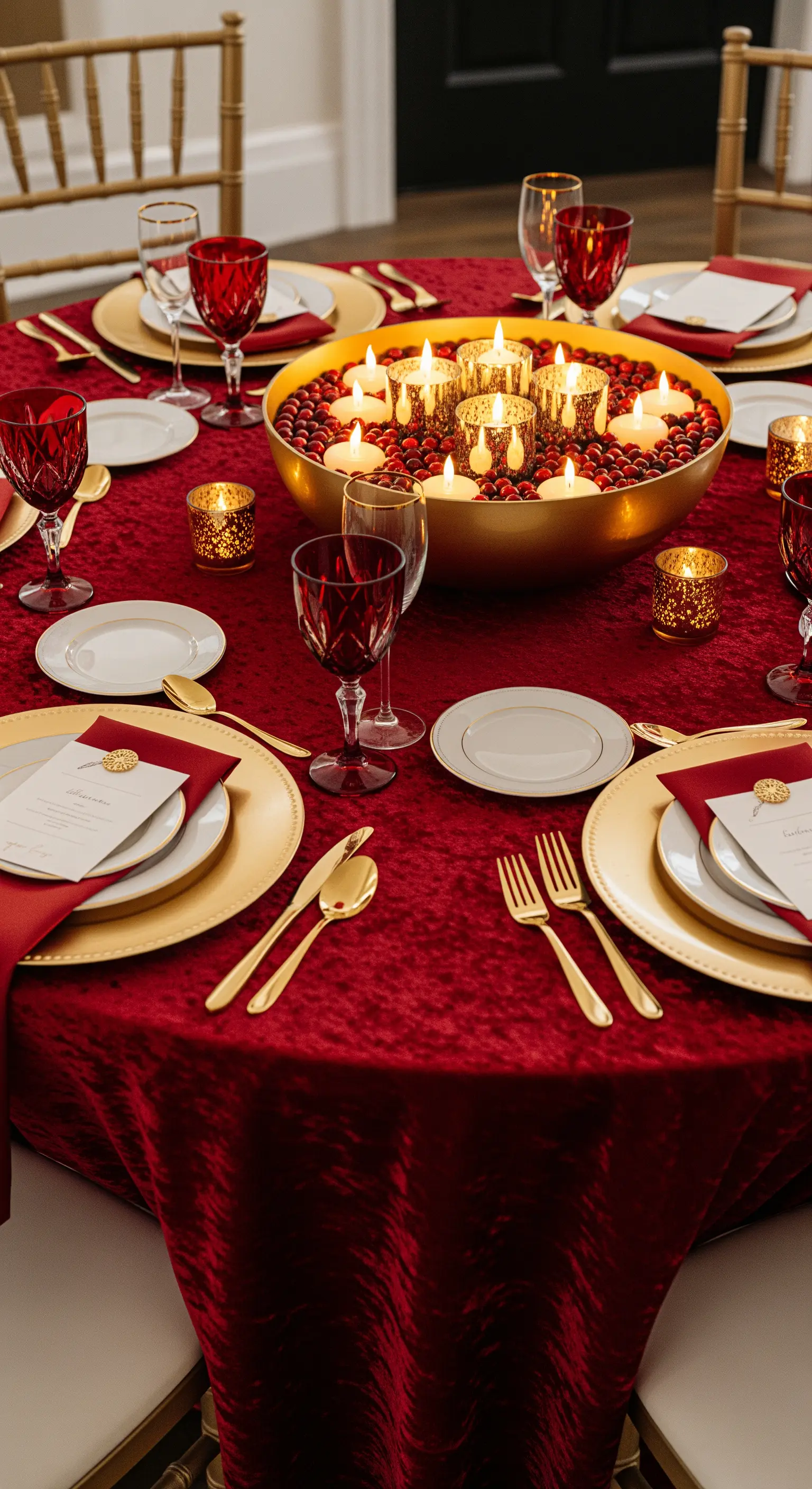 Tavola elegante con tovaglia in velluto rosso e centrotavola con candele galleggianti.