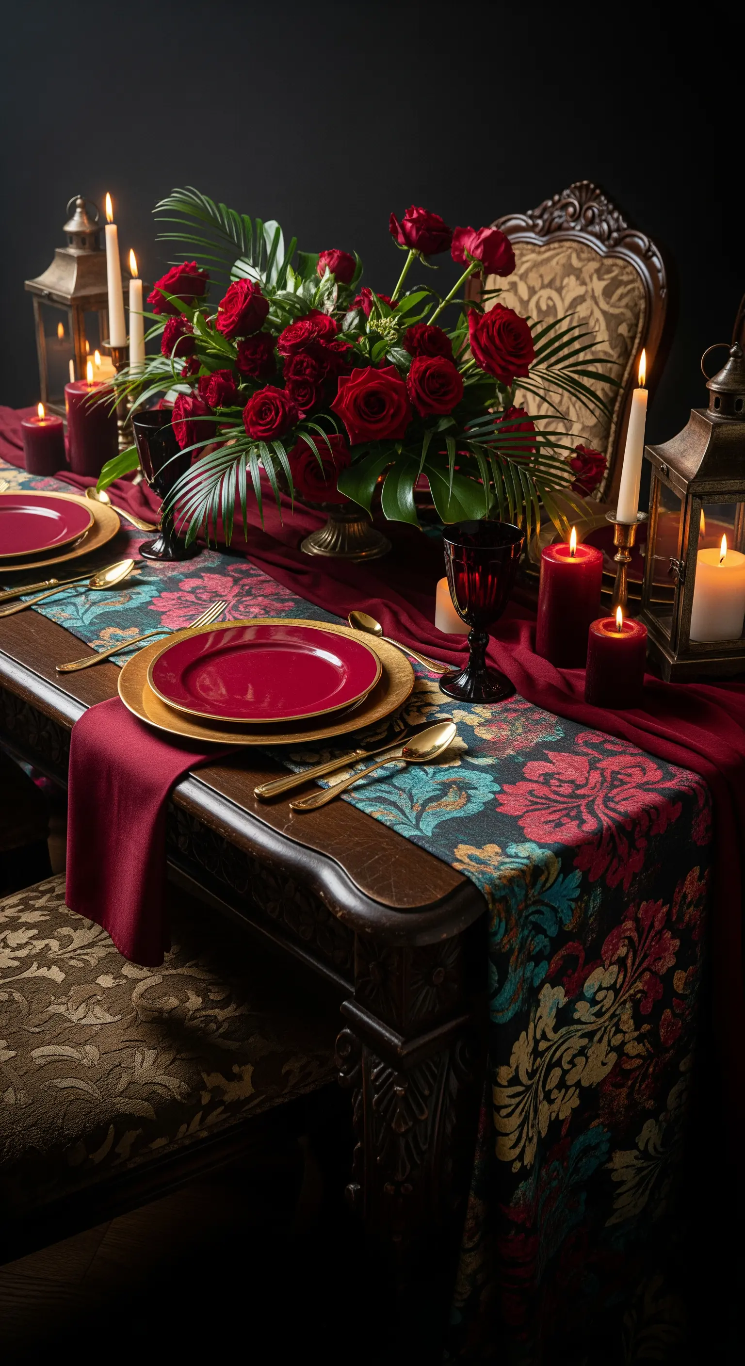 Tavola romantica e scura con runner damascato, rose rosse e numerose candele accese.