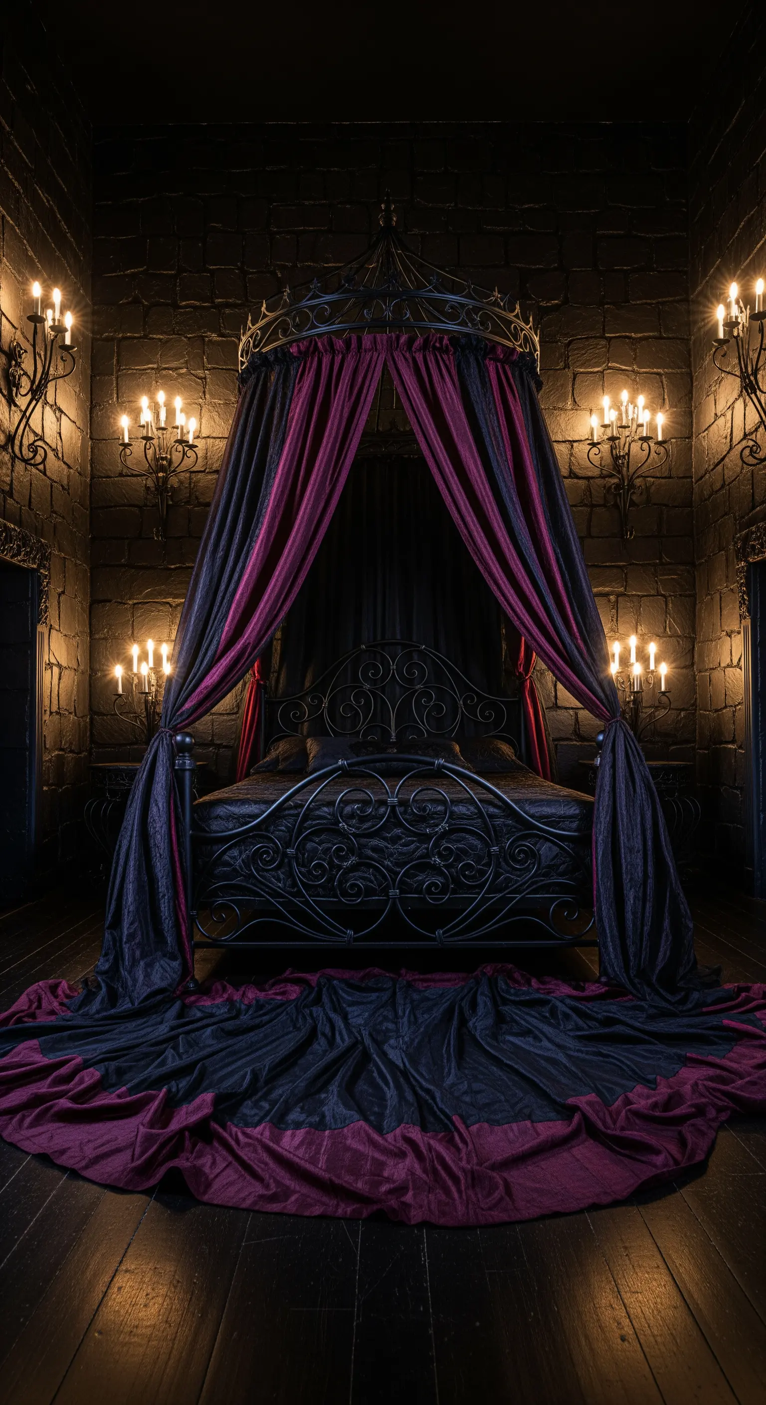 Letto gotico in ferro battuto con sontuosi drappeggi neri e bordeaux in una stanza scura.