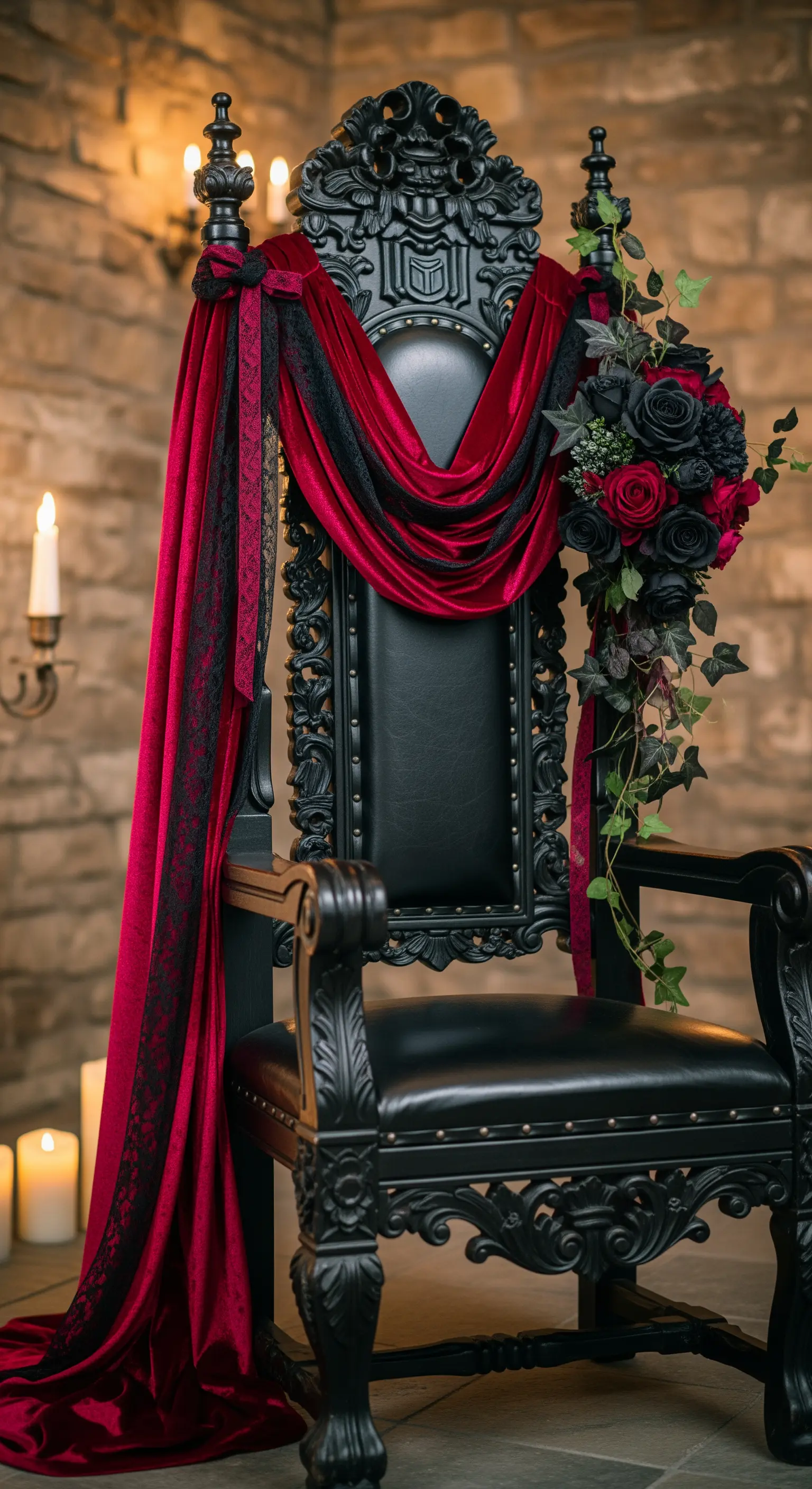 Trono nero intagliato decorato con velluto rosso, pizzo nero e un bouquet di rose scure.