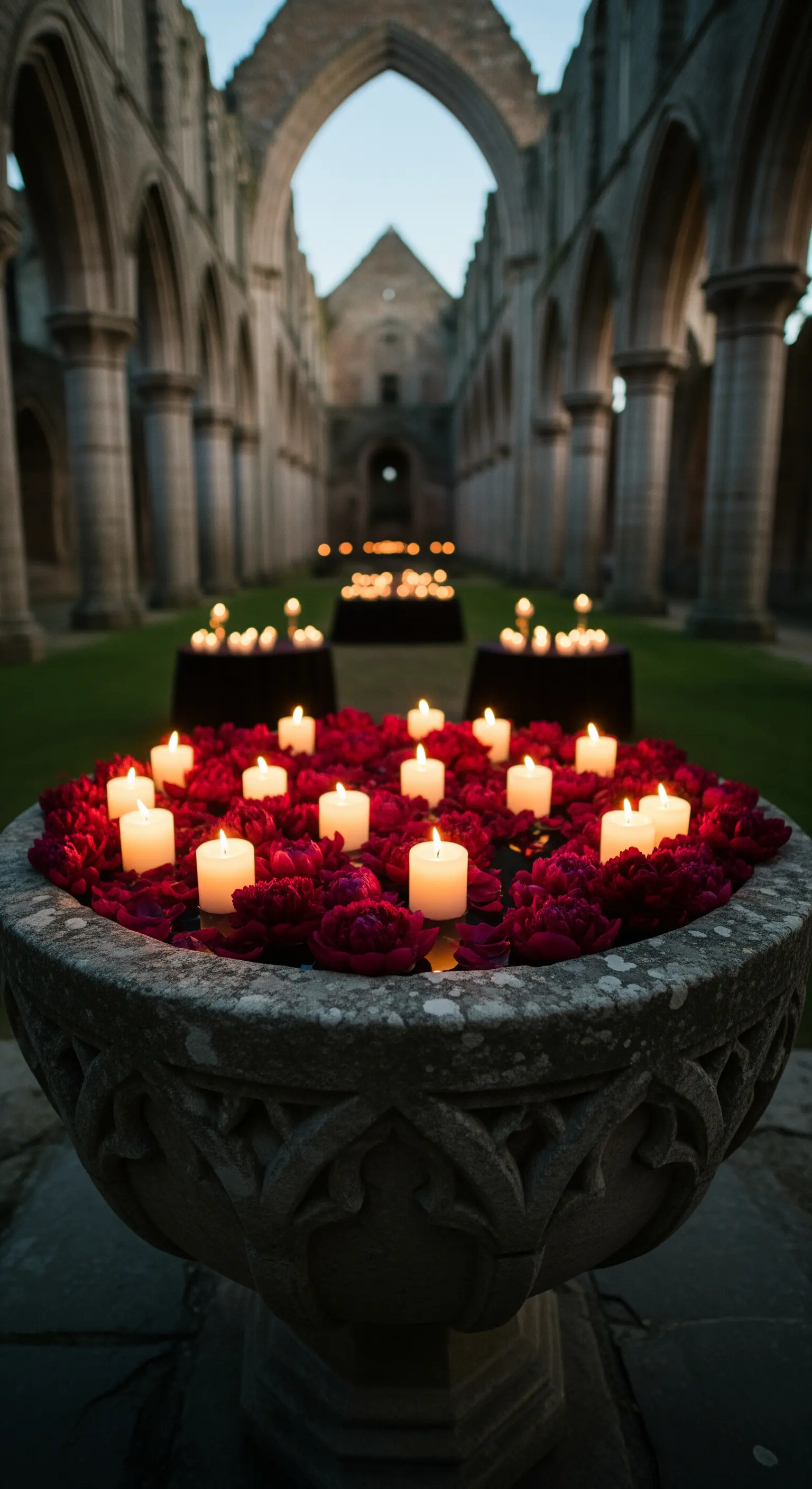 Grande urna in pietra in un'abbazia diroccata, colma di peonie rosse e candele.