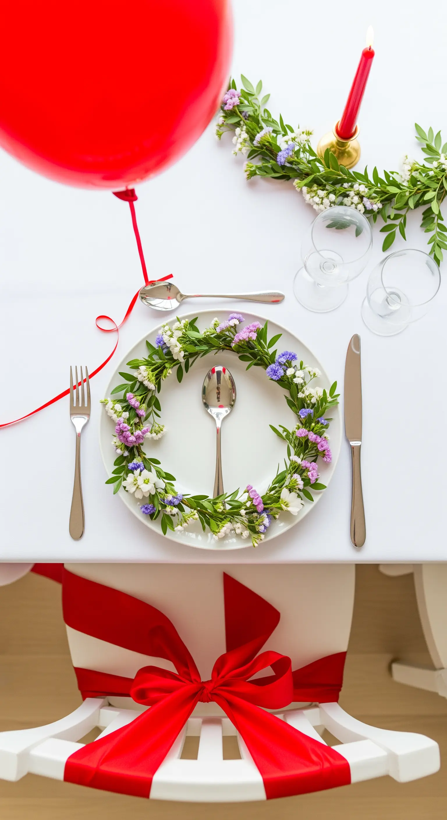 Sedia bianca con un grande fiocco rosso, coordinata con una tavola con dettagli rossi.