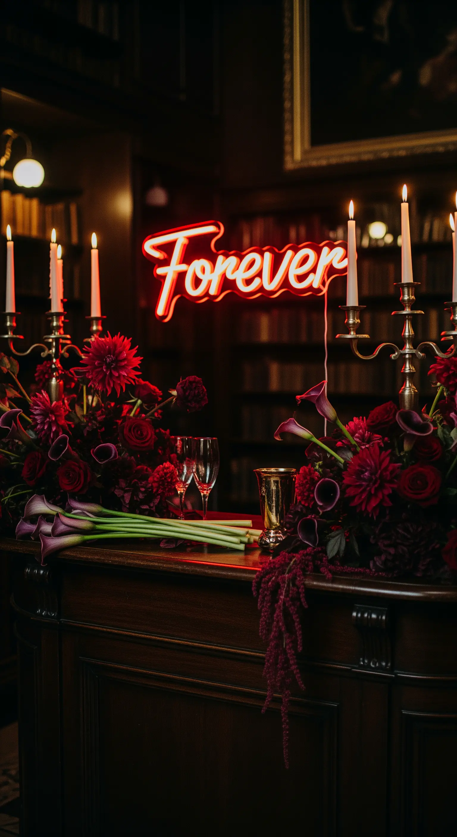 Bar in legno scuro con fiori rossi, candelabri e insegna 