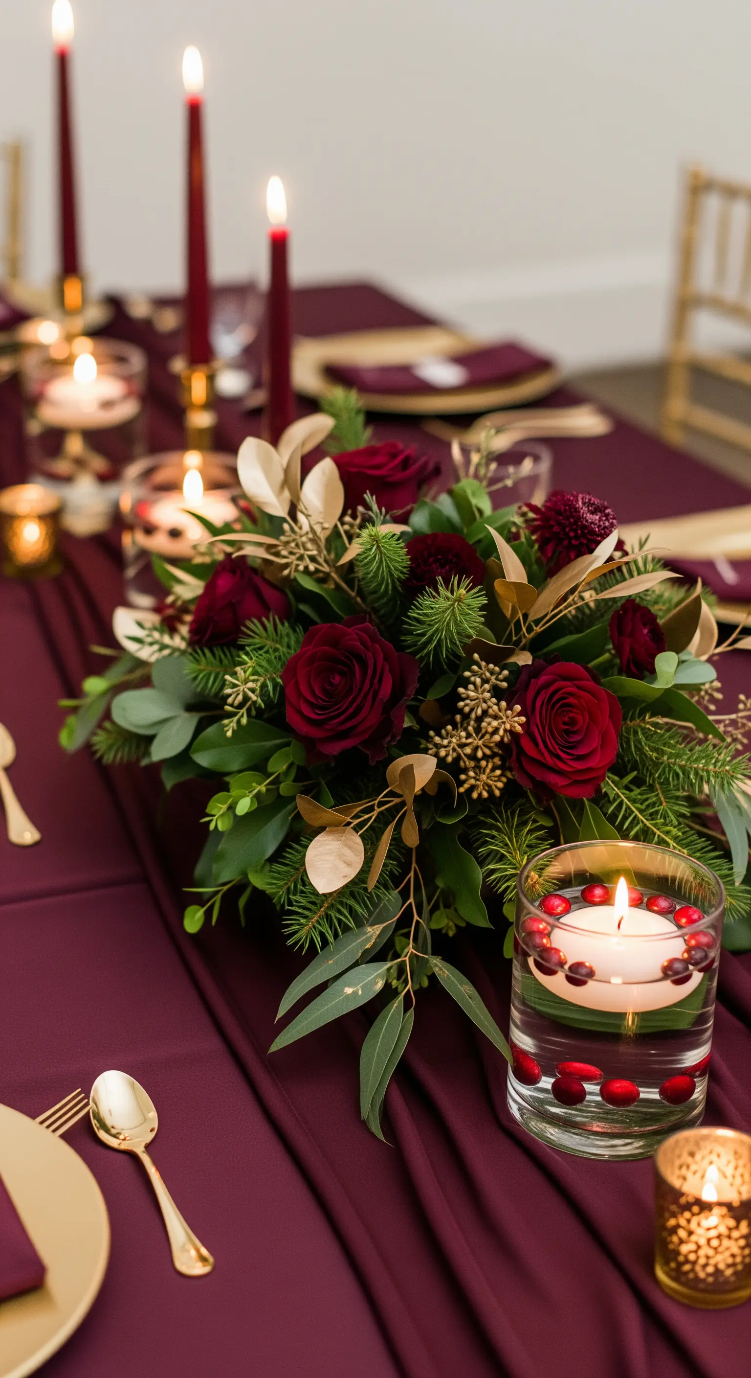Centrotavola con rose rosse, pino e candele galleggianti con mirtilli rossi.