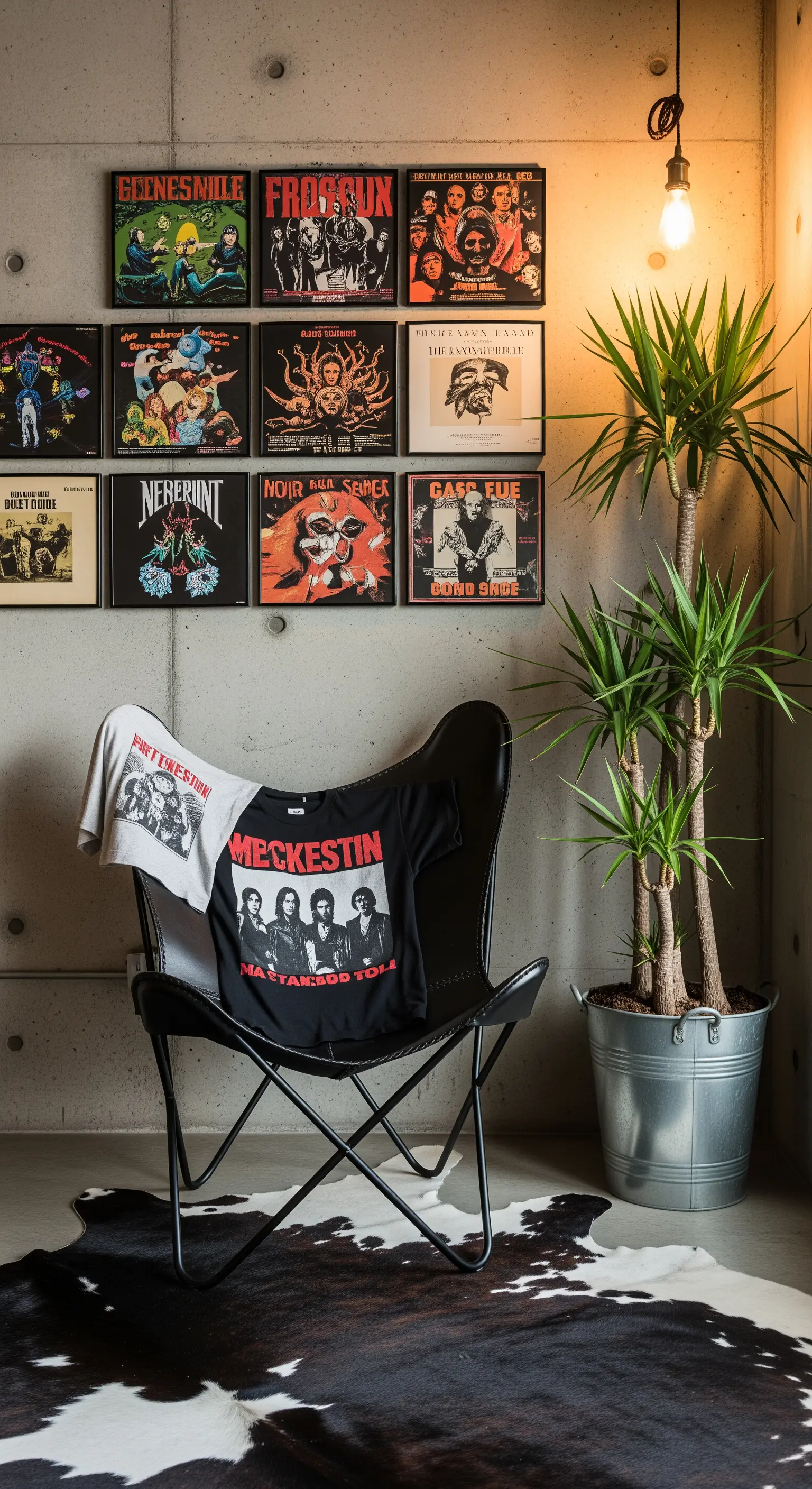 Poltrona a farfalla nera davanti a una parete di cemento con copertine di vinili rock incorniciate.