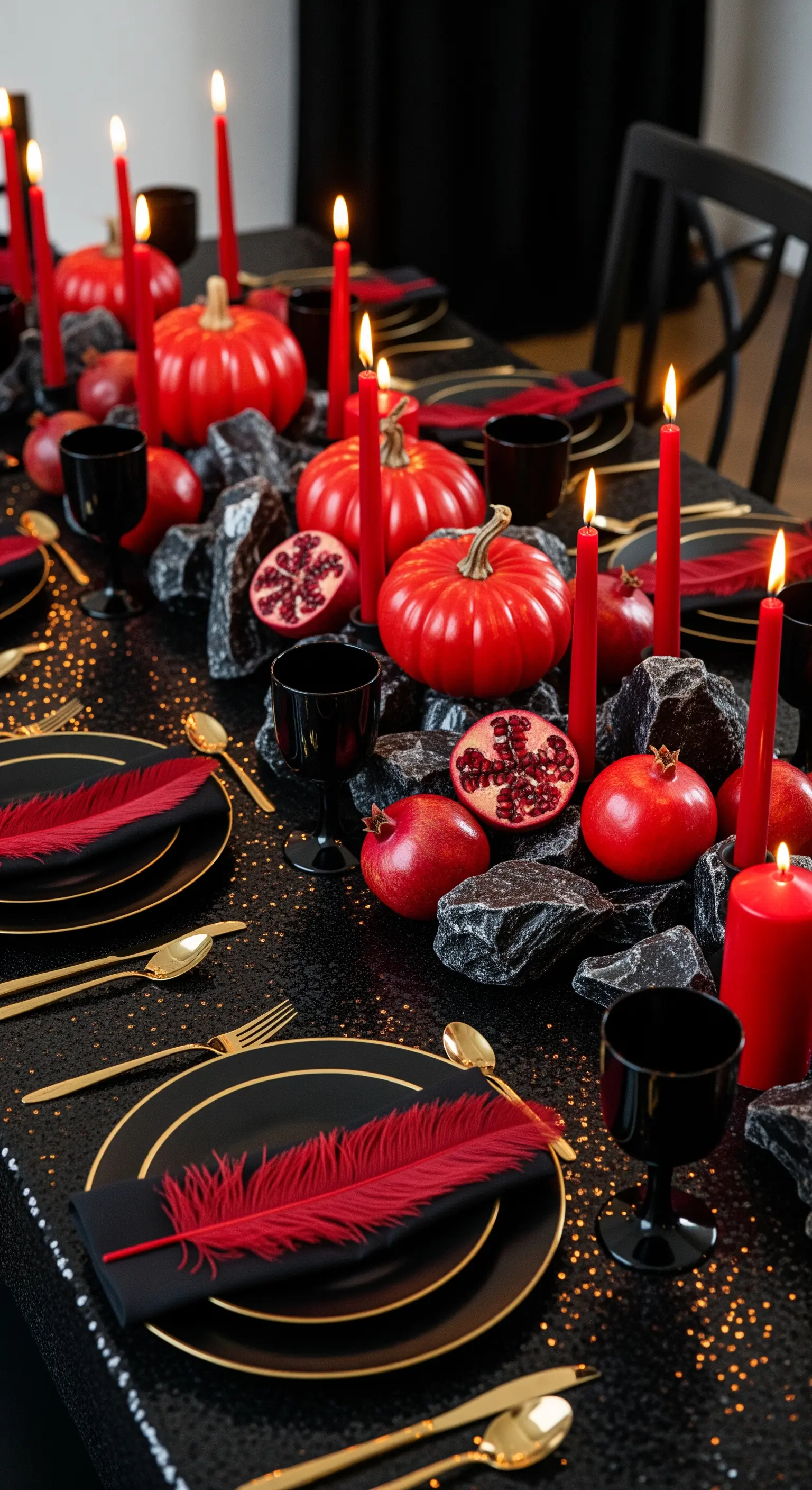 Tavola di Halloween in nero e rosso con zucche, rocce laviche, melograni e posate dorate.