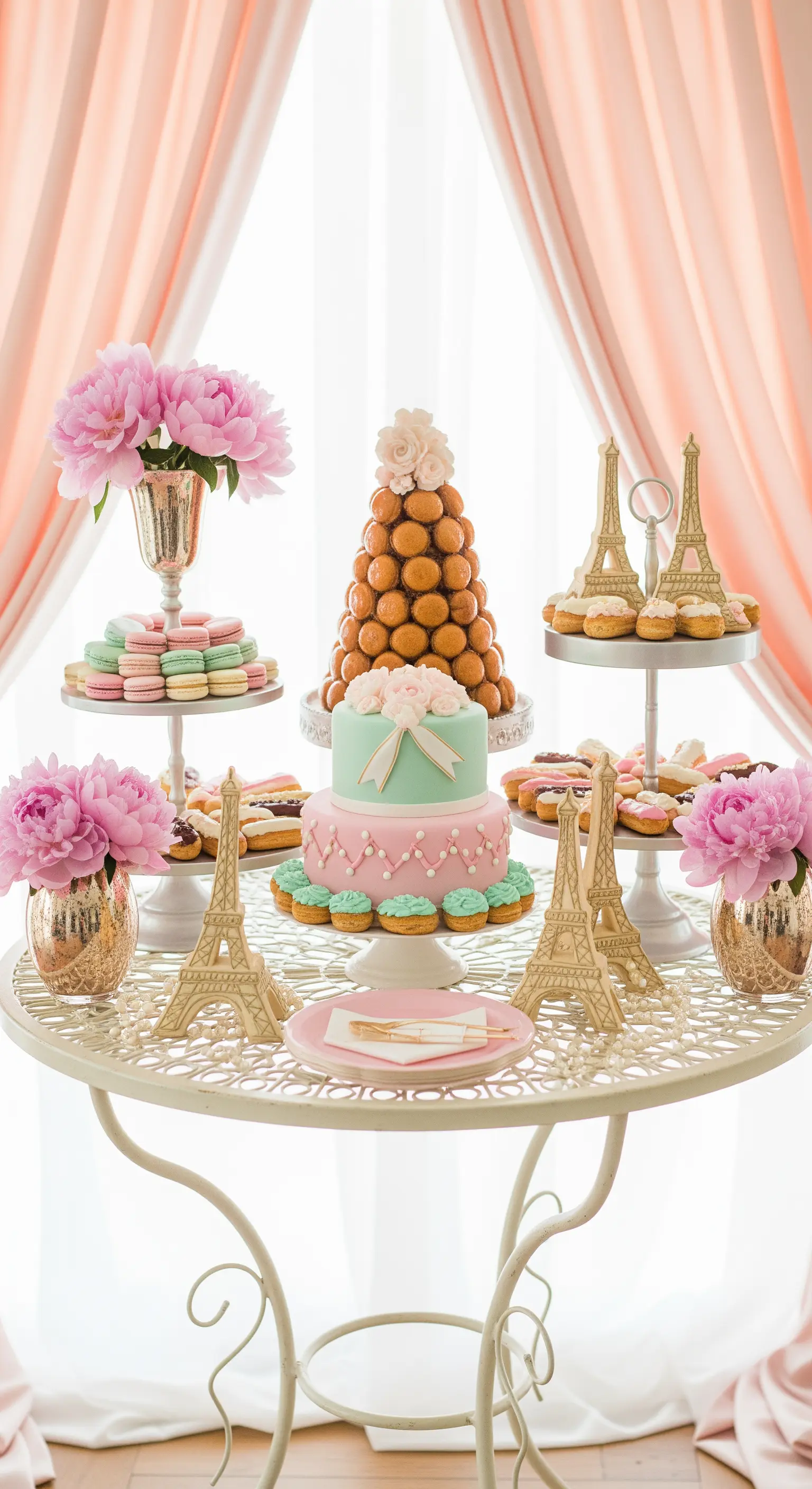 Tavolo di dolci a tema parigino con torre Eiffel, macarons e una torta color pastello.