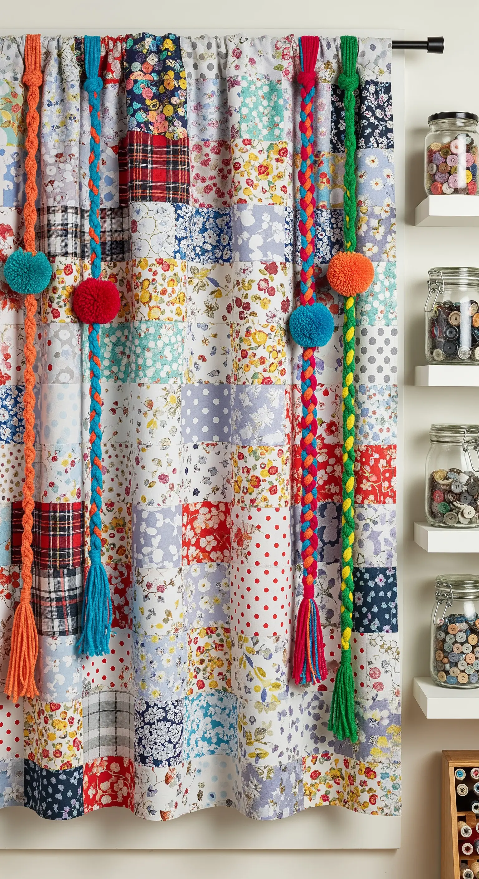Tenda patchwork realizzata con scampoli di tessuto colorati e fermatende a treccia con pompon.