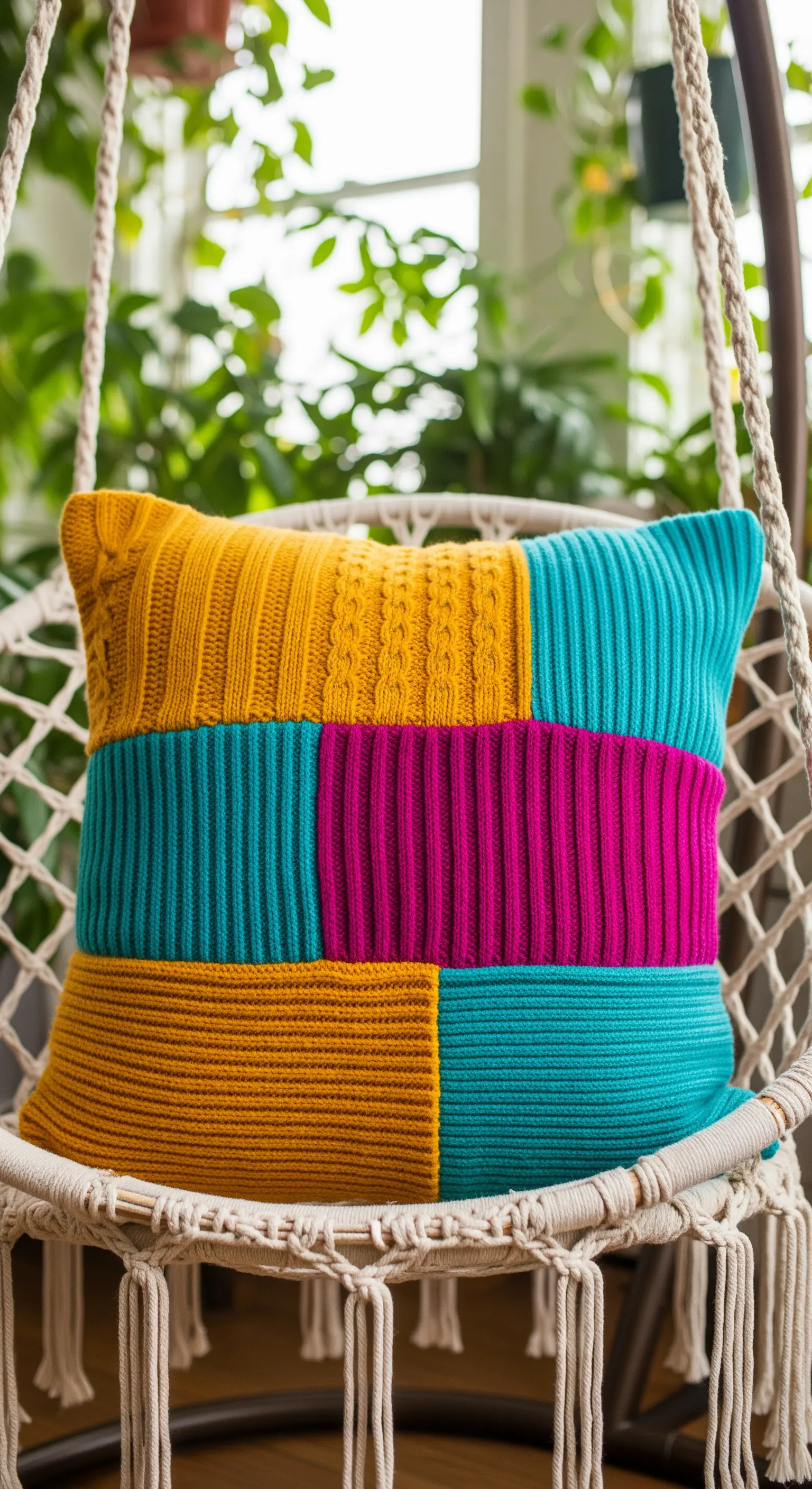 Cuscino patchwork colorato creato assemblando pezzi di maglioni diversi.