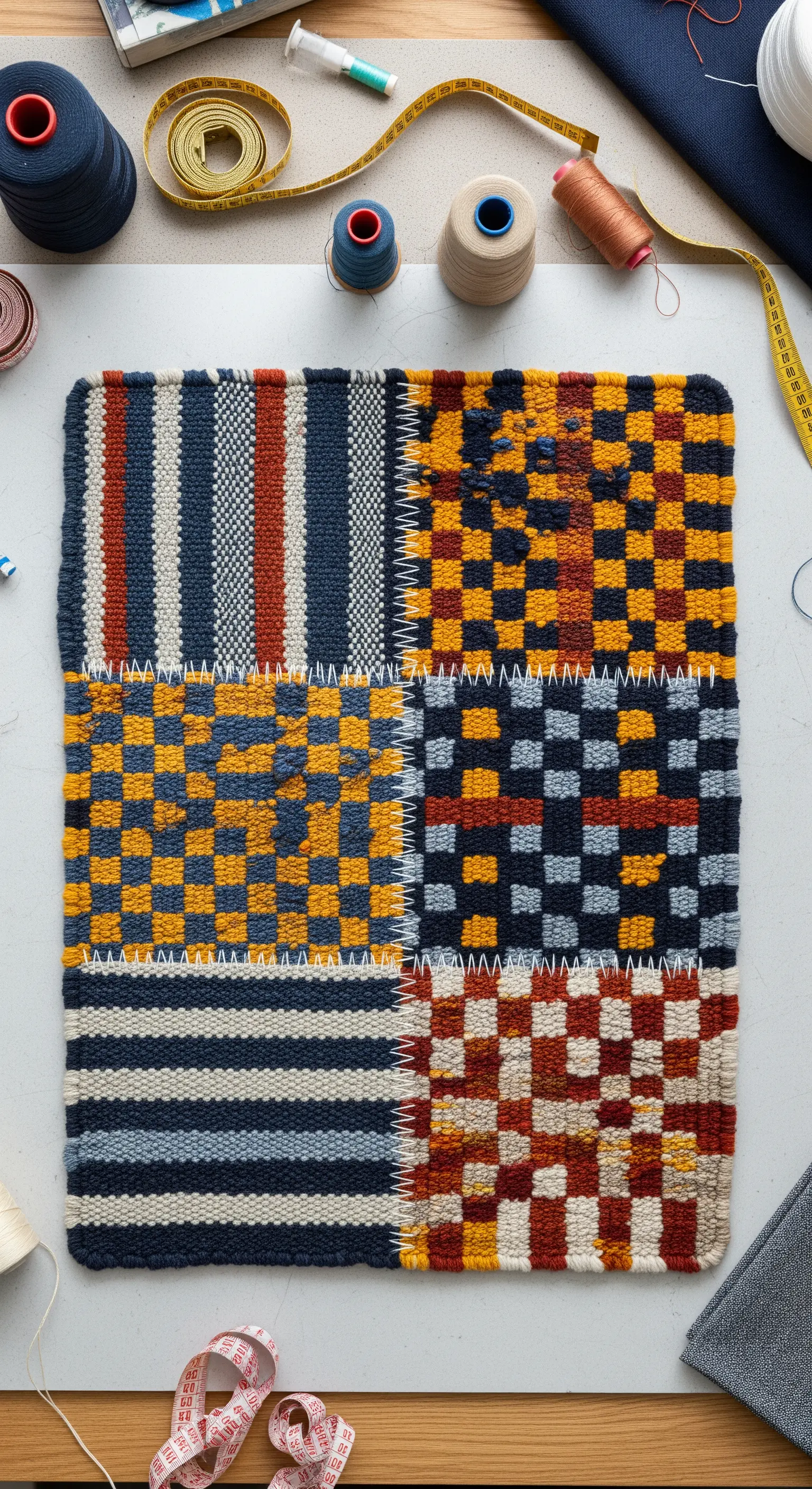 Tappeto quadrato diviso in quattro sezioni, ognuna con un motivo geometrico diverso.