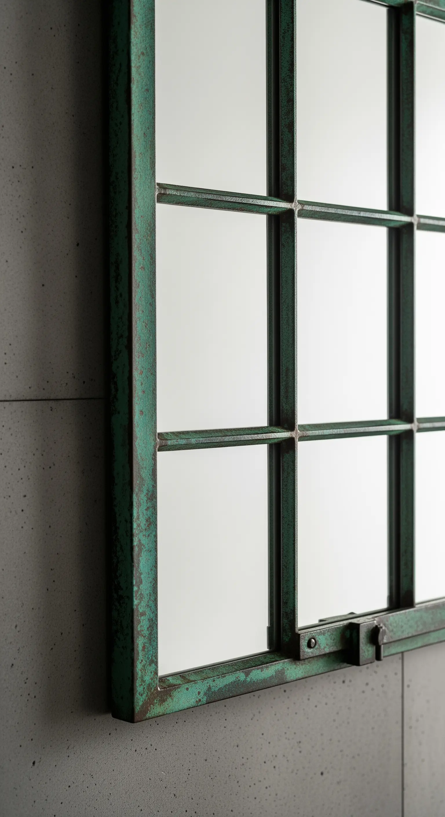 Dettaglio di una cornice di specchio in metallo con una patina verde-azzurra anticata.