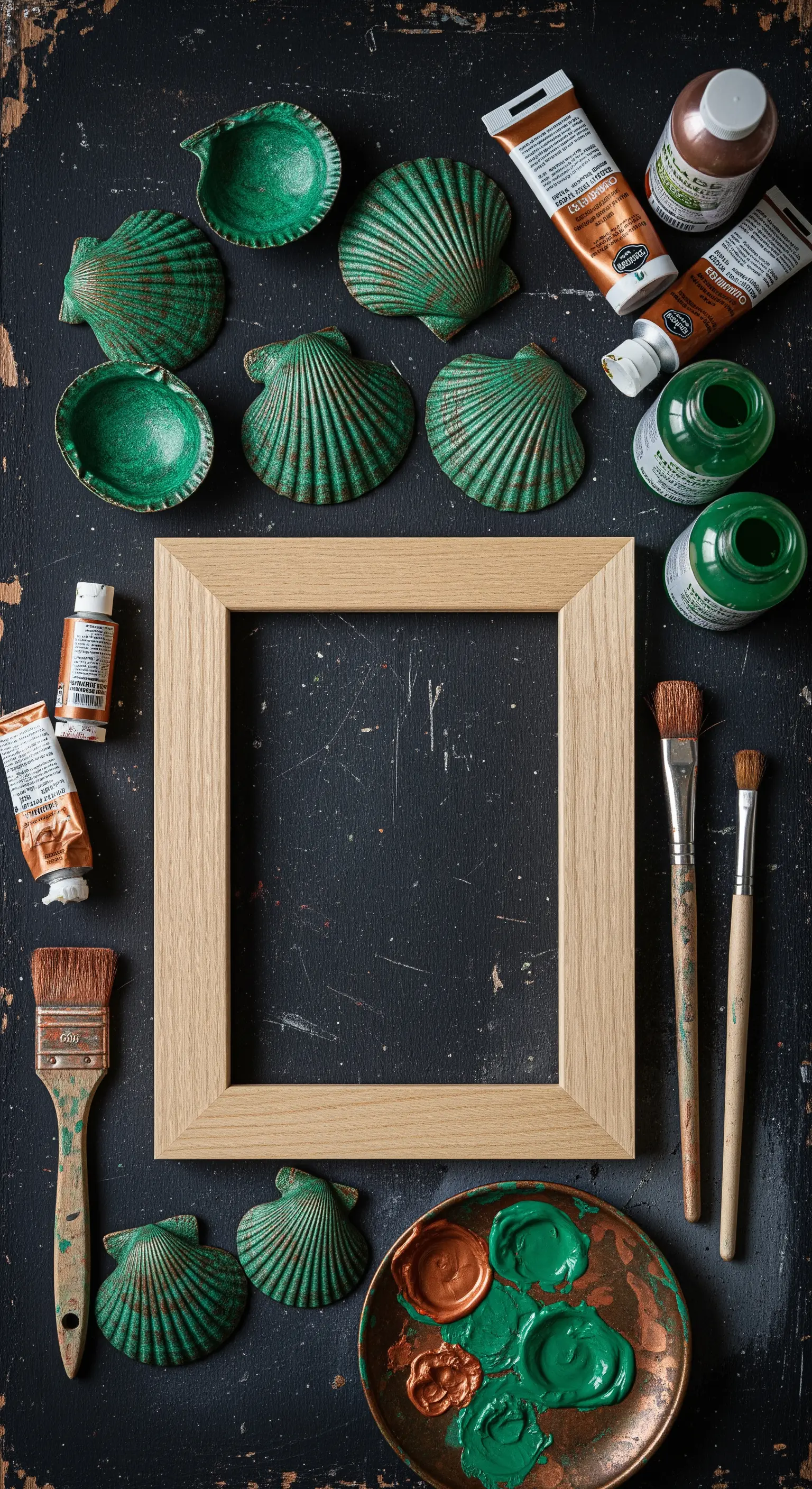 Cornice di legno vuota circondata da conchiglie dipinte di verde e bronzo per un effetto anticato.
