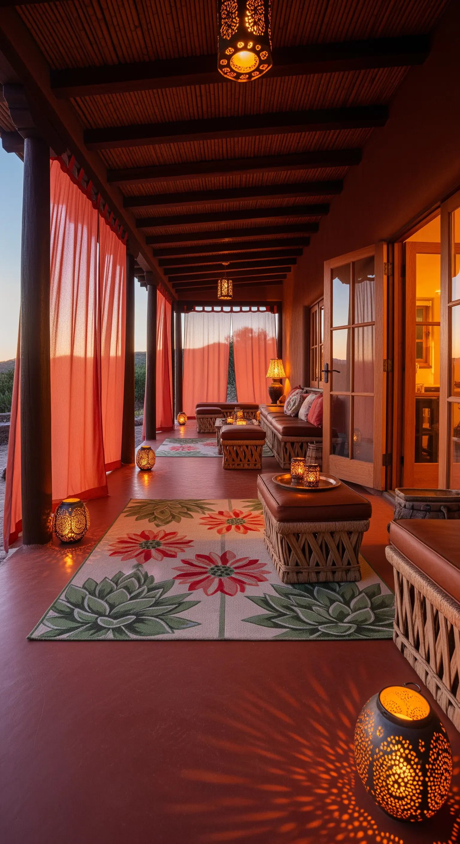 Patio in stile sudoccidentale con pavimento in cotto, tappeto con succulente e lanterne traforate.