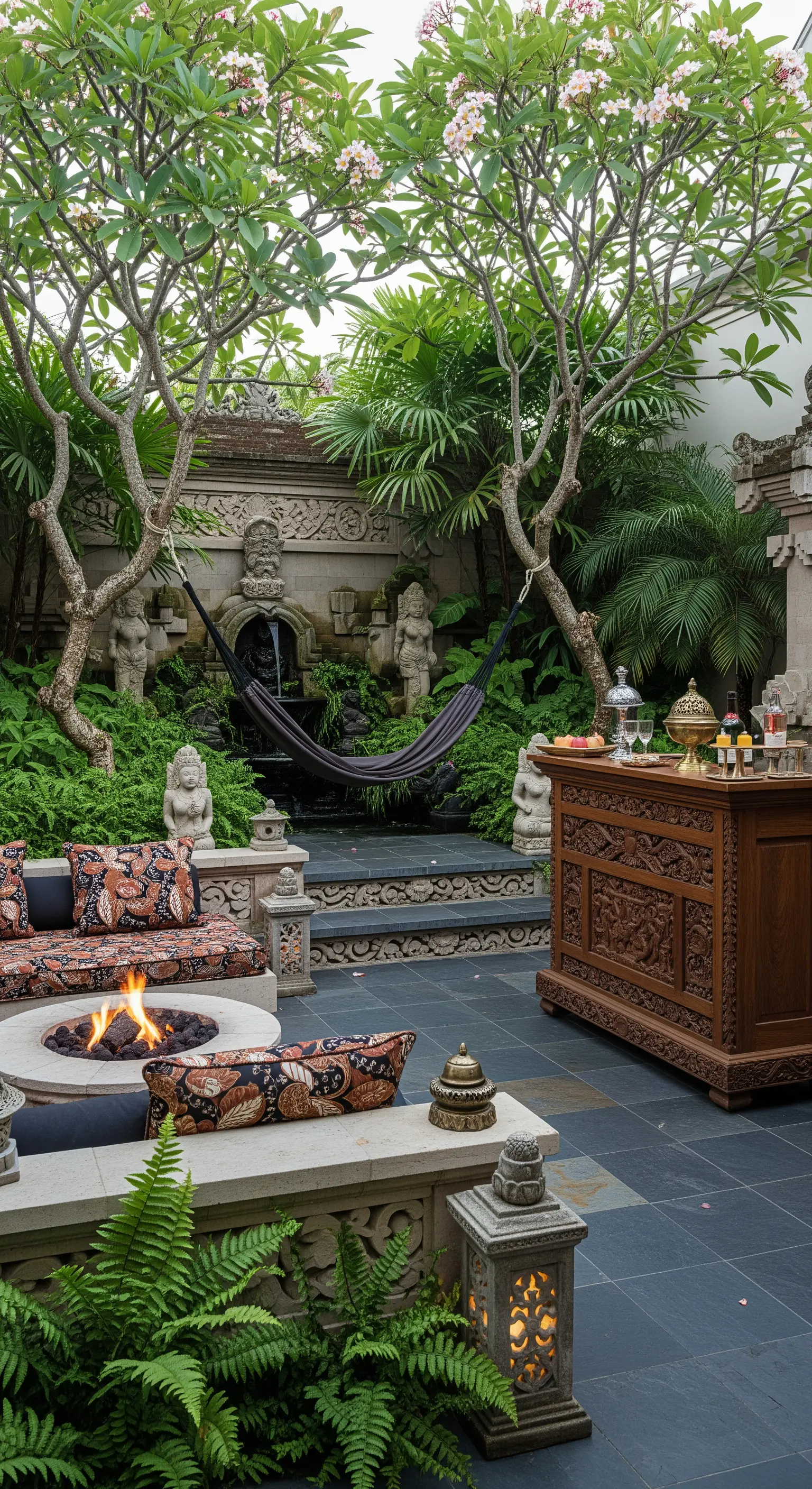 Patio in stile balinese con statue in pietra, braciere, divani e mobile bar intagliato.
