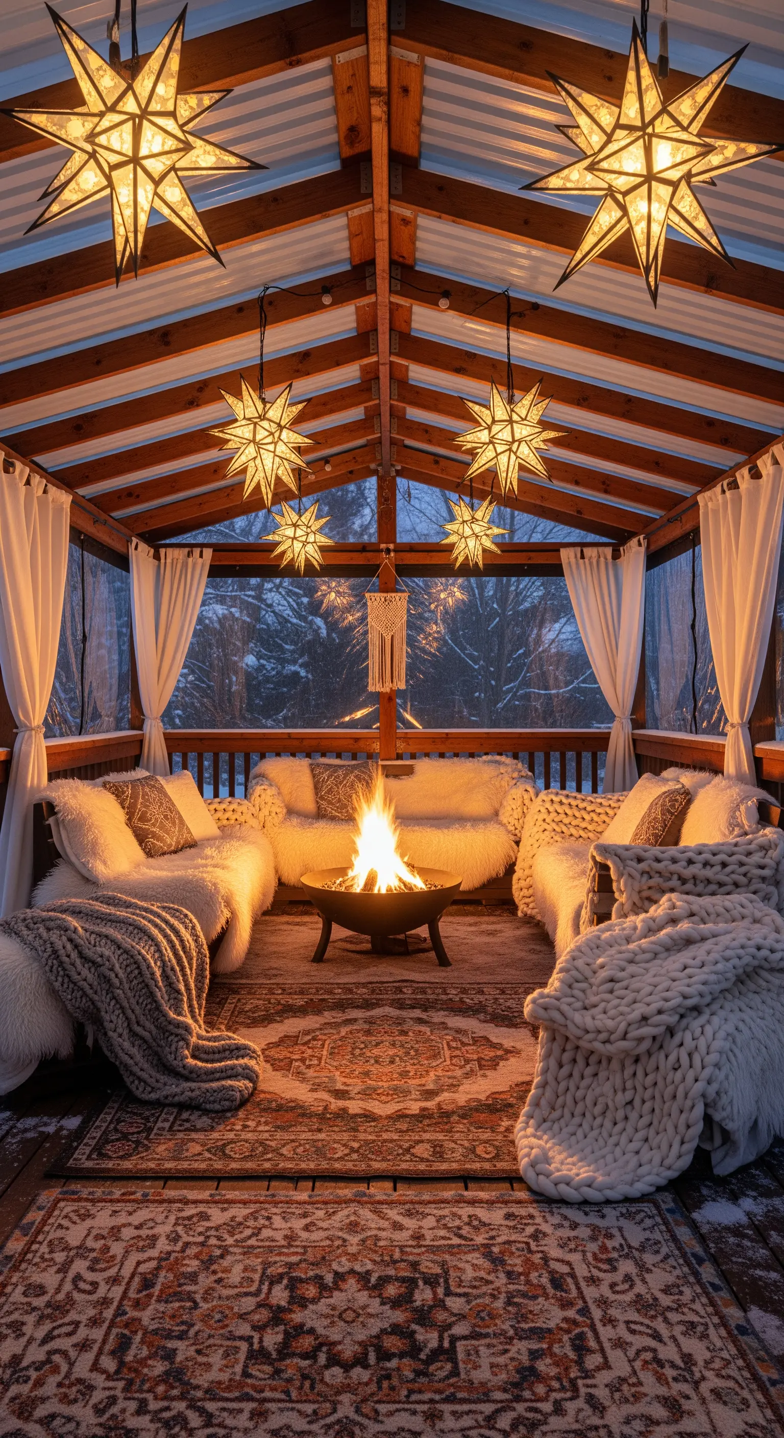 Patio invernale con braciere, divani coperti di pelliccia e luci a forma di stella.