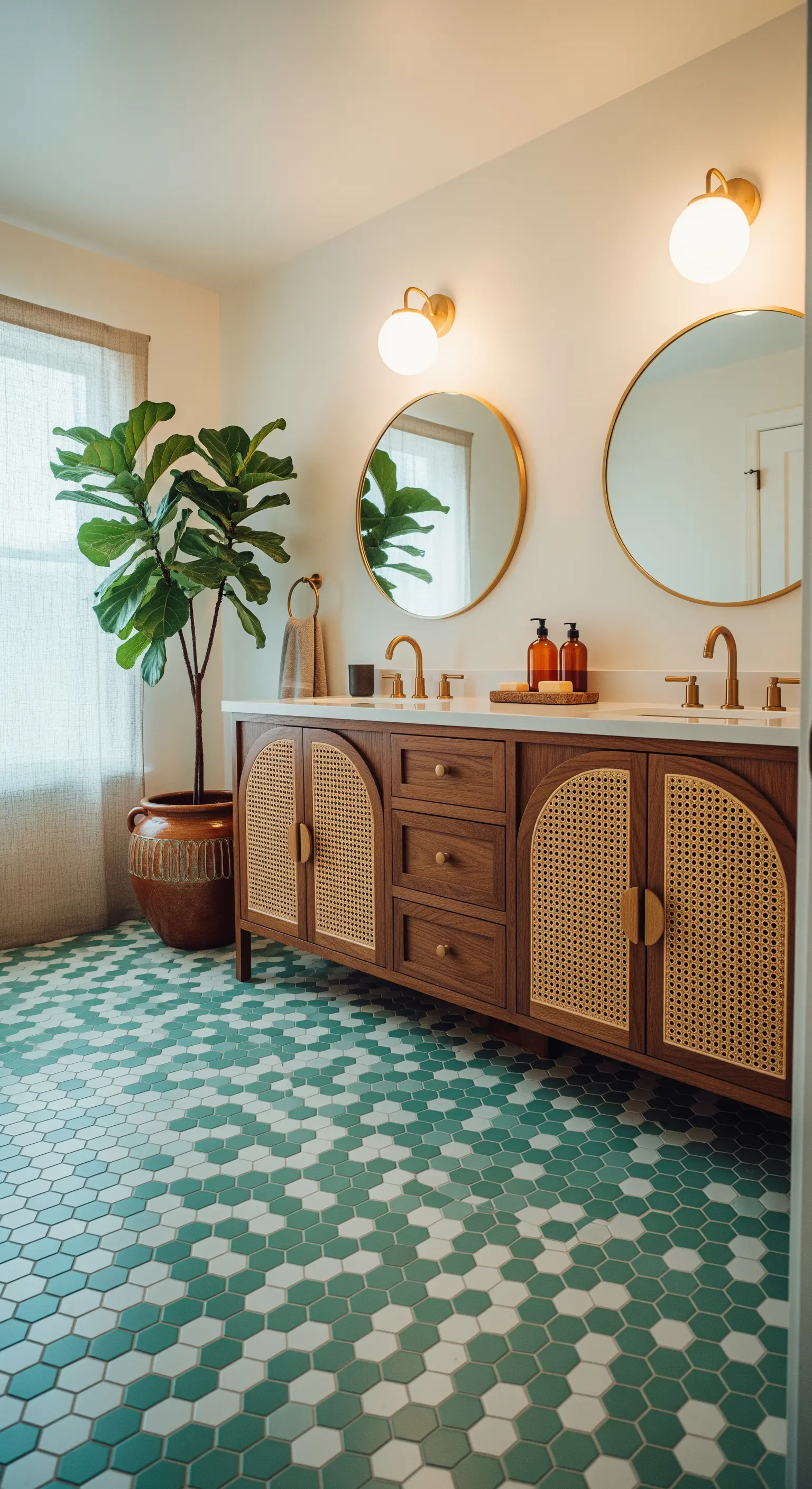 Mobile in legno scuro e rattan su un pavimento con piastrelle esagonali bicolore.