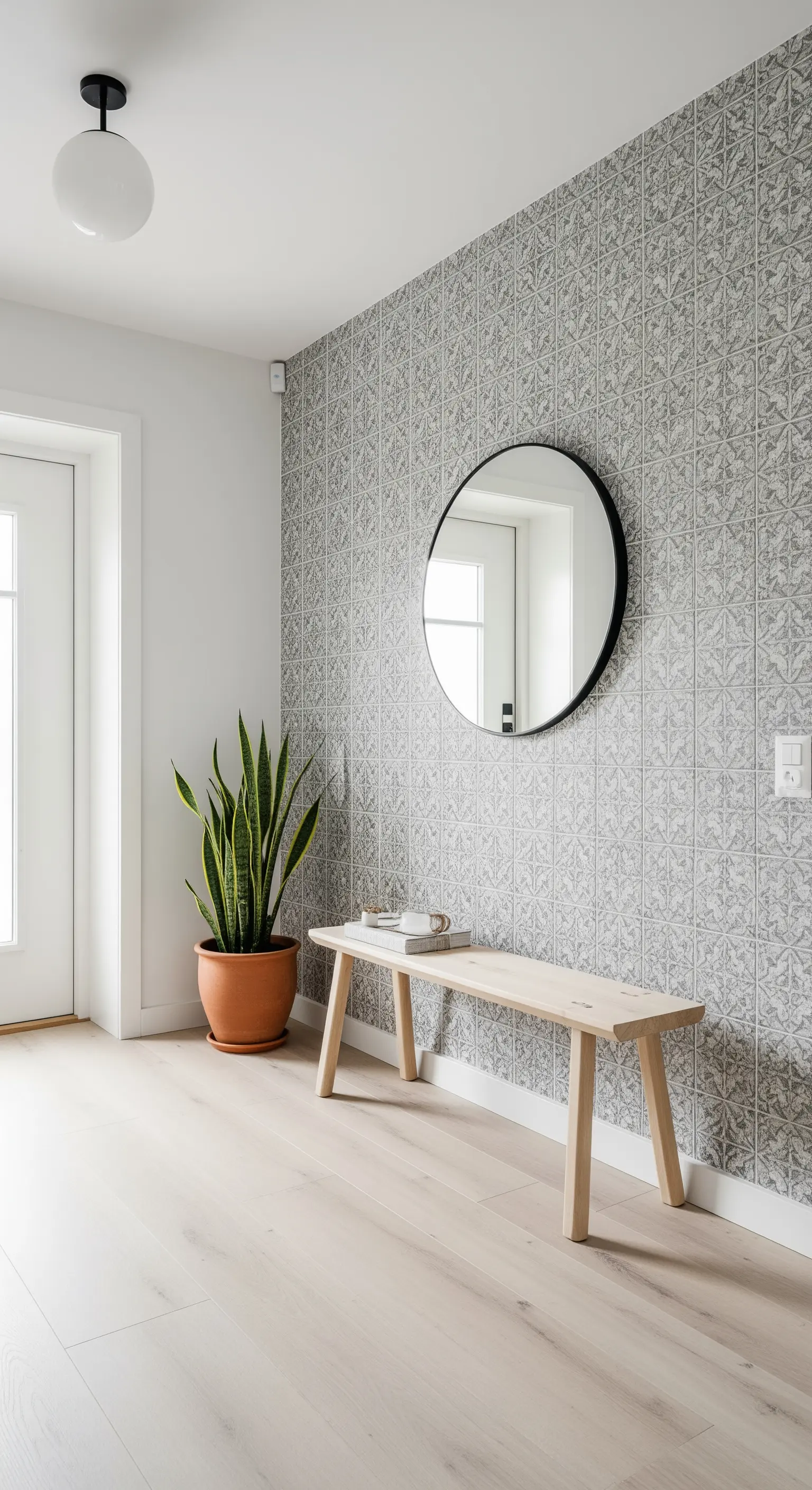 Ingresso minimalista con parete a pattern grigio, panca in legno chiaro e specchio rotondo.
