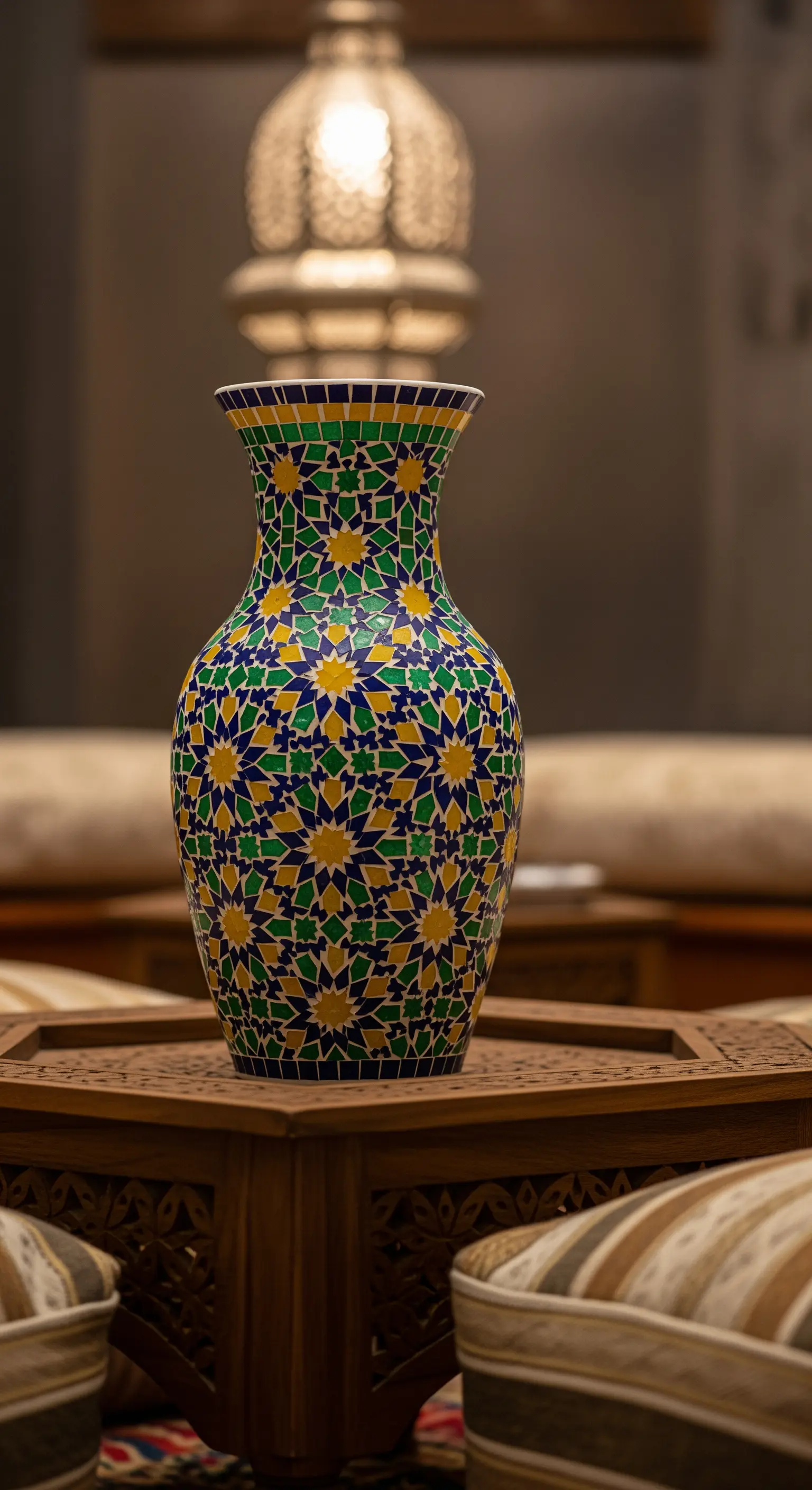 Vaso a mosaico con un complesso motivo geometrico marocchino nei colori blu, verde e giallo.