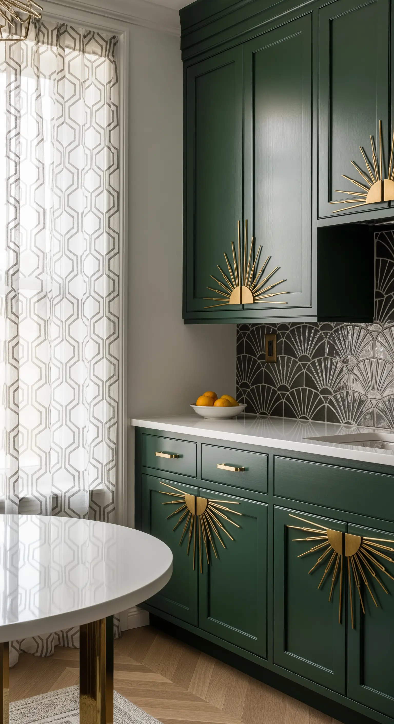 Cucina verde scuro con maniglie dorate a raggiera e tende a fantasia geometrica.