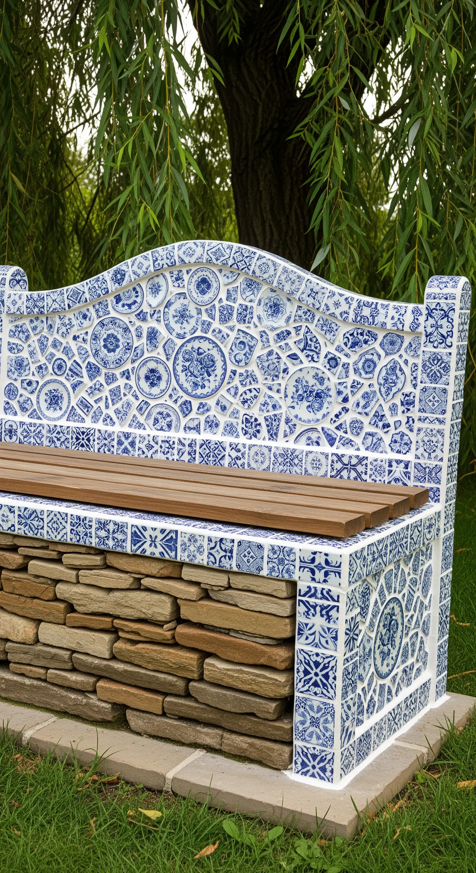 Panchina da giardino con base in pietra e schienale decorato con mosaico di piastrelle blu e bianche.