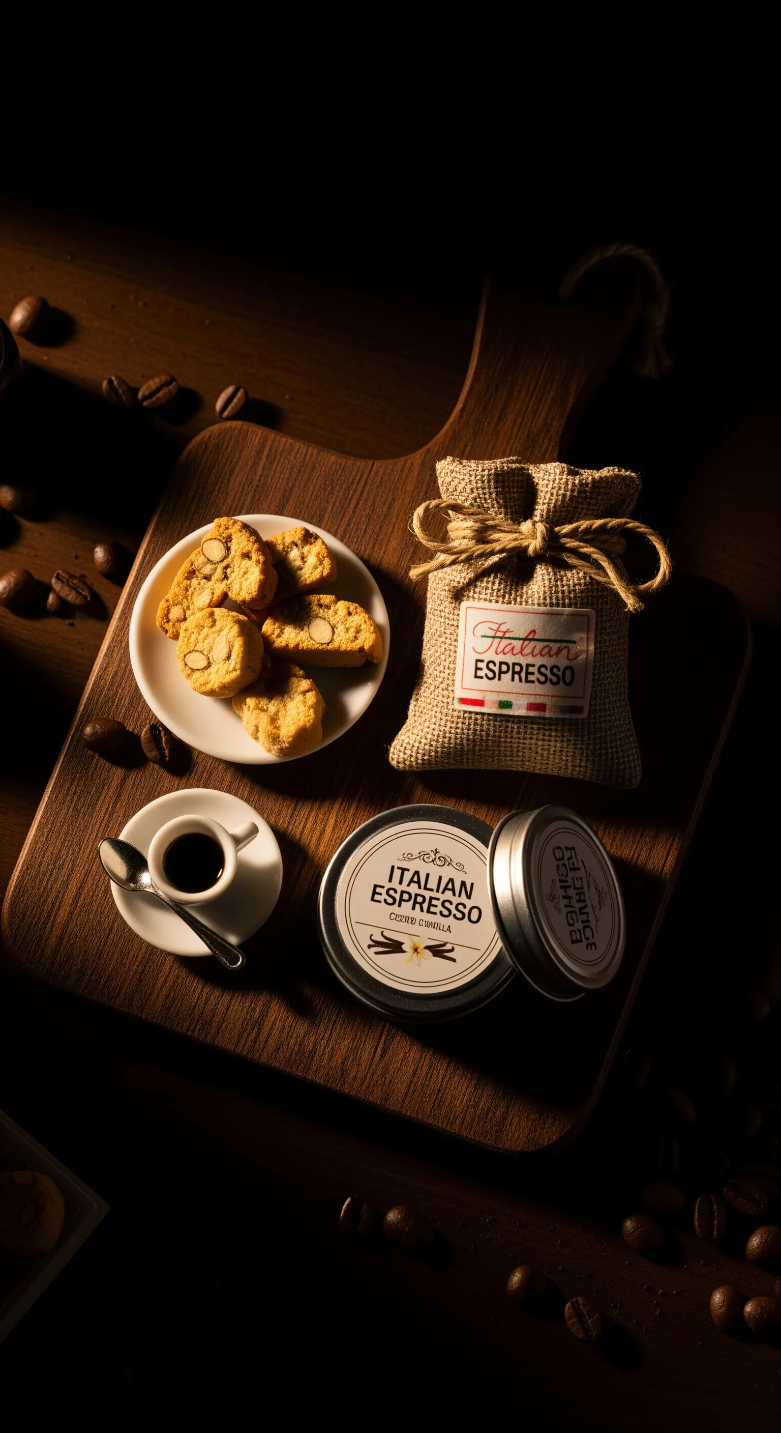 Set regalo a tema caffè con cantucci, caffè macinato in un sacchetto di juta e tazzina.