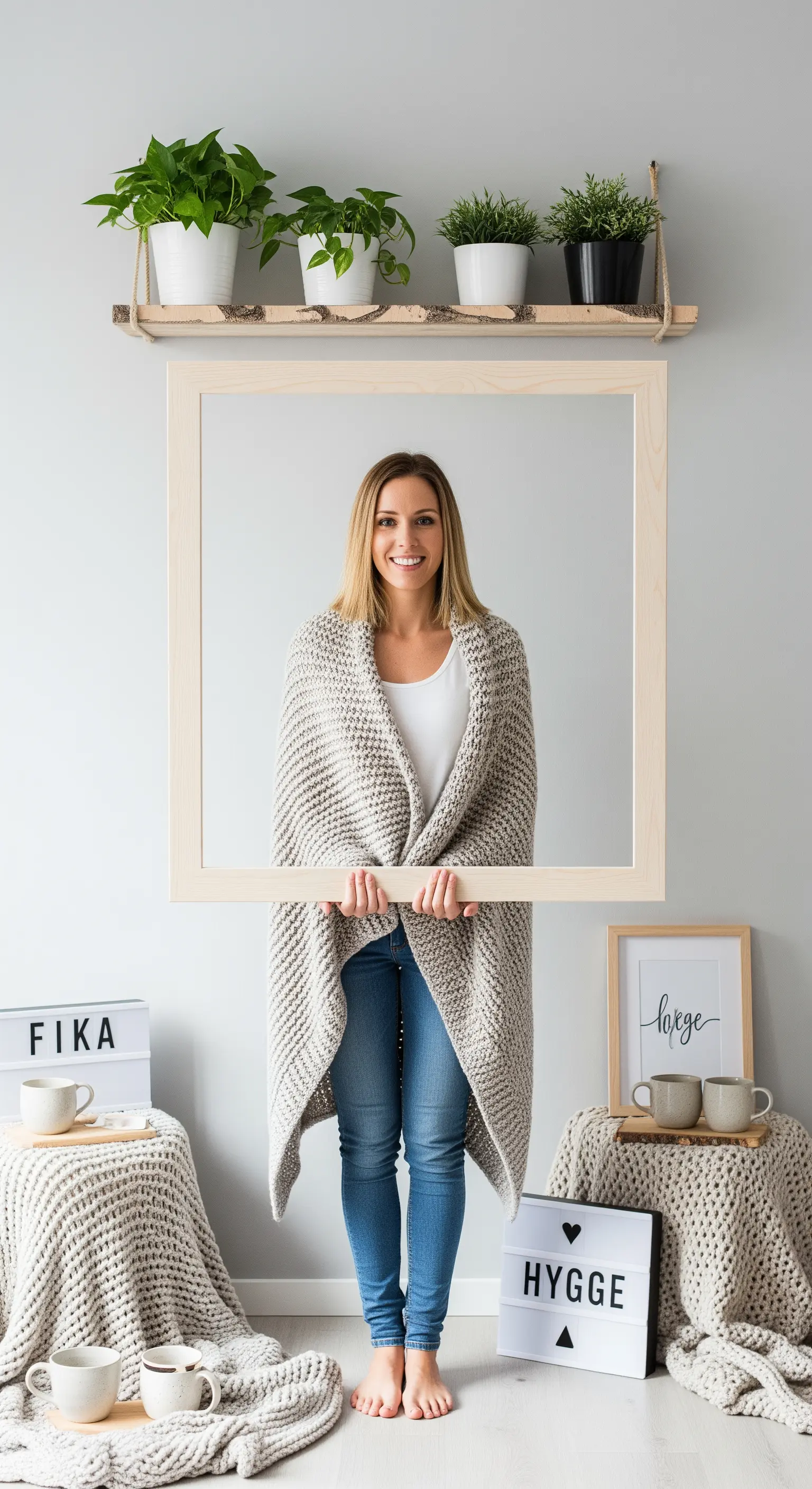 Donna sorridente che tiene una cornice di legno in un ambiente hygge con coperte e piante.