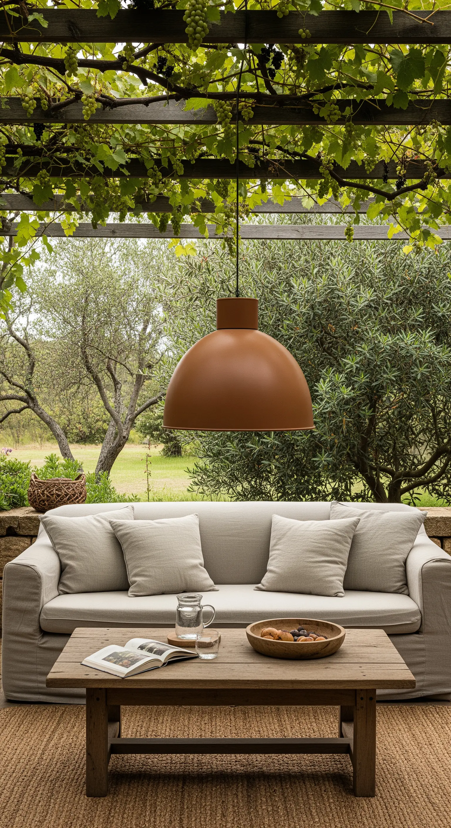 Area lounge sotto un pergolato con divano, tavolino e lampada a cupola in terracotta