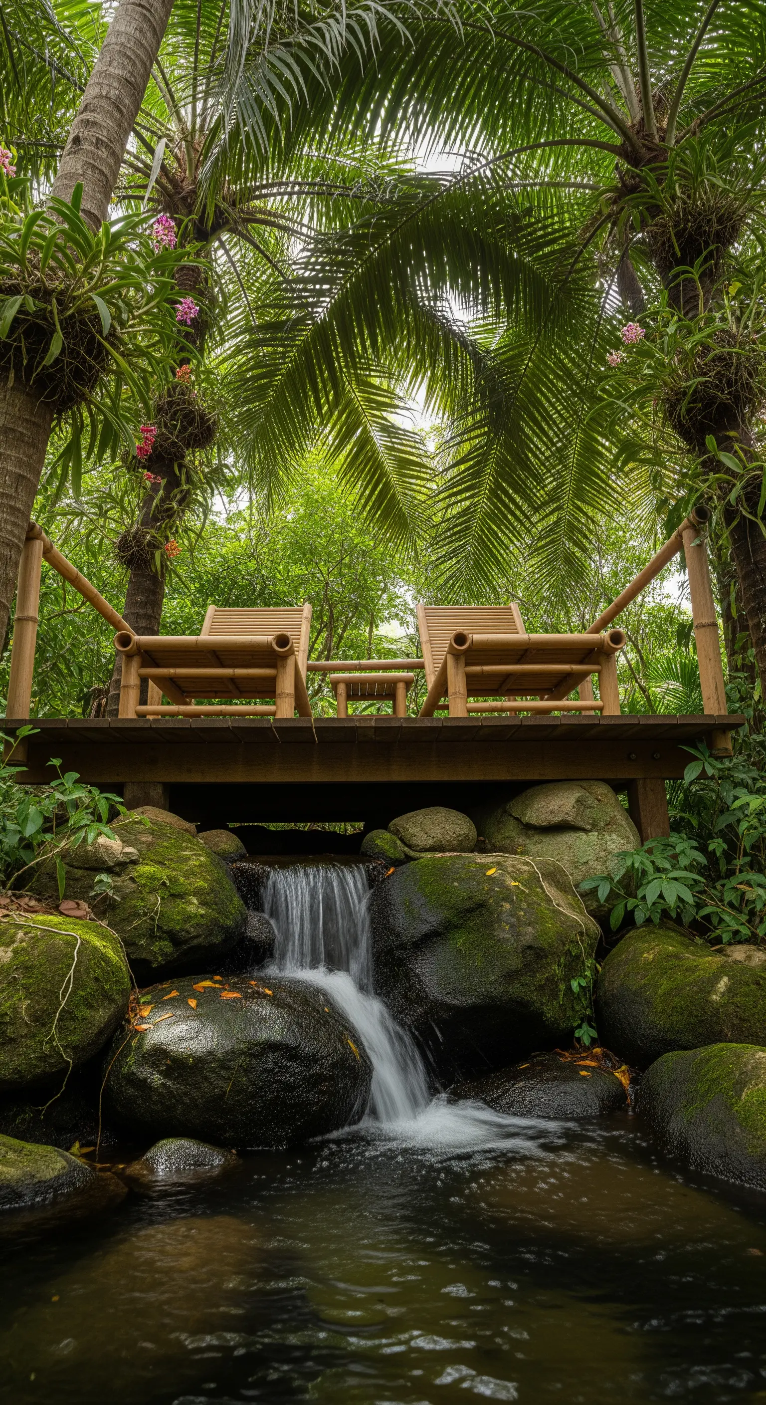 Lettini in bambù su una piattaforma di legno sopra una piccola cascata tra le rocce.