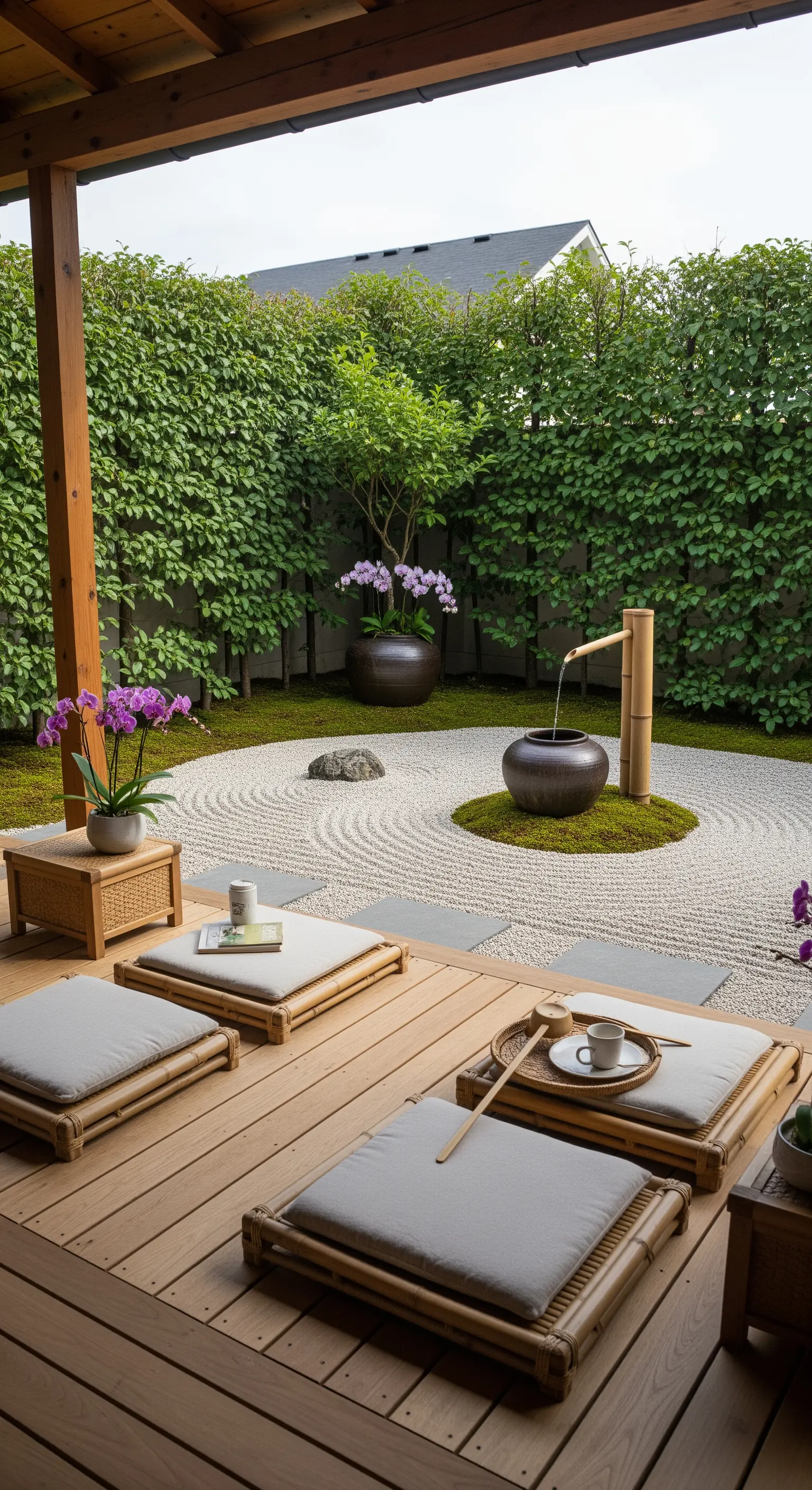 Giardino zen con sabbia rastrellata, rocce, orchidee e una fontana di bambù.