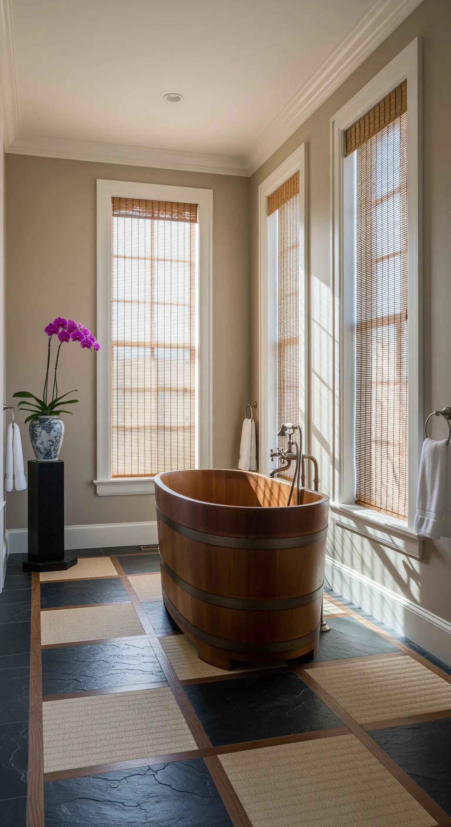 Pavimento del bagno con un motivo a scacchiera di piastrelle in ardesia e tatami.