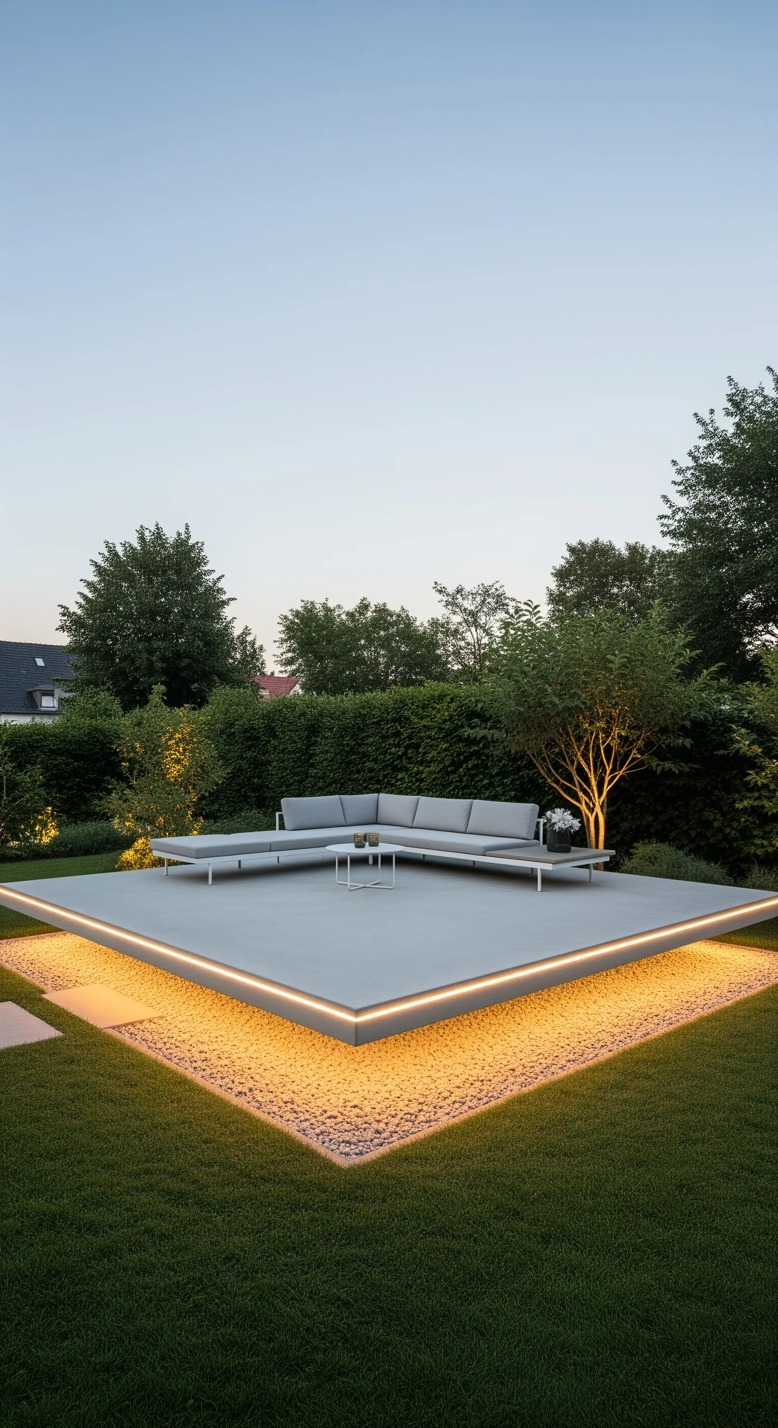 Pedana quadrata in cemento con illuminazione a LED inferiore, circondata da un giardino