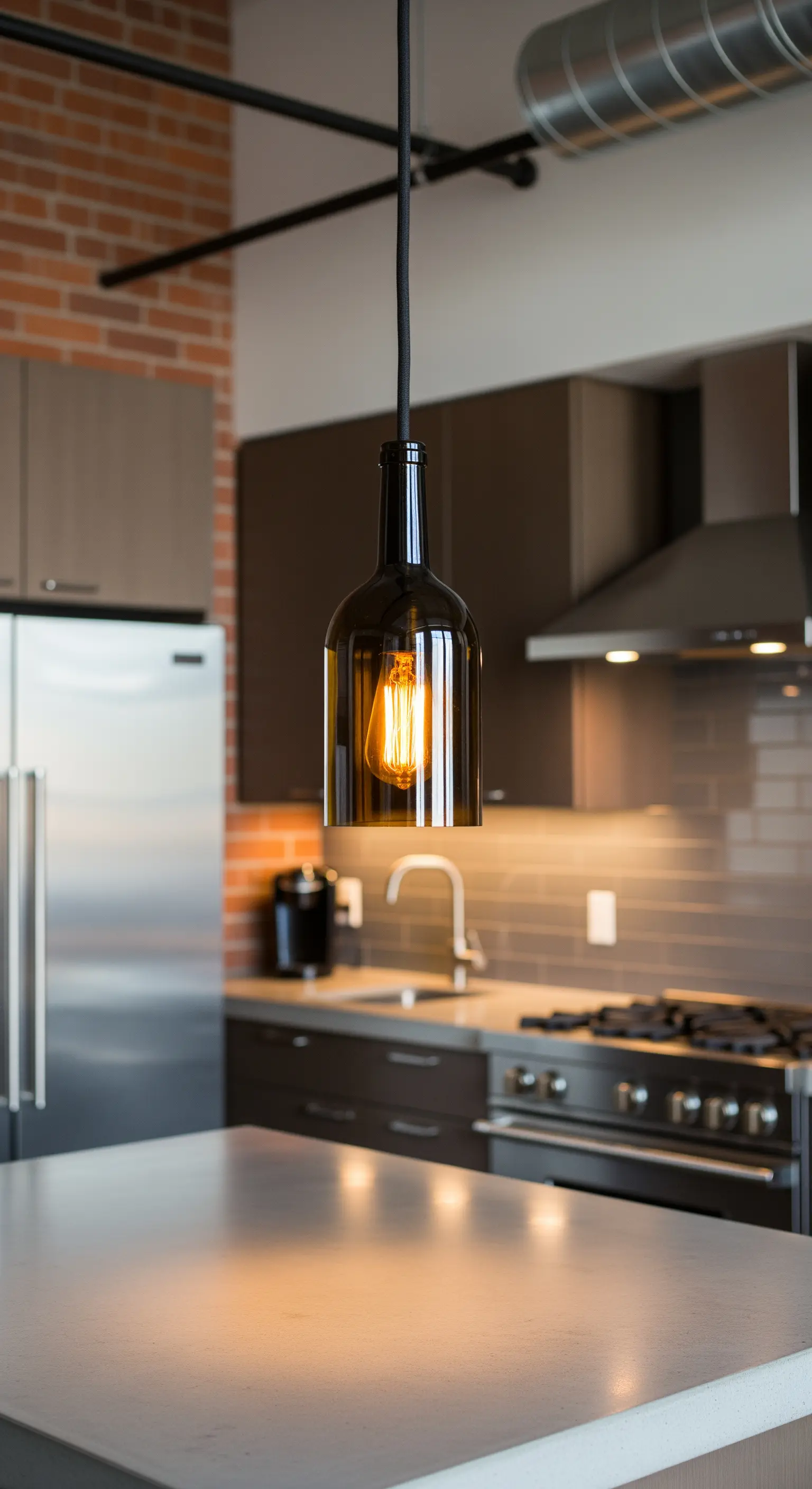 Lampada a sospensione creata con il fondo di una bottiglia scura, sopra un'isola della cucina.
