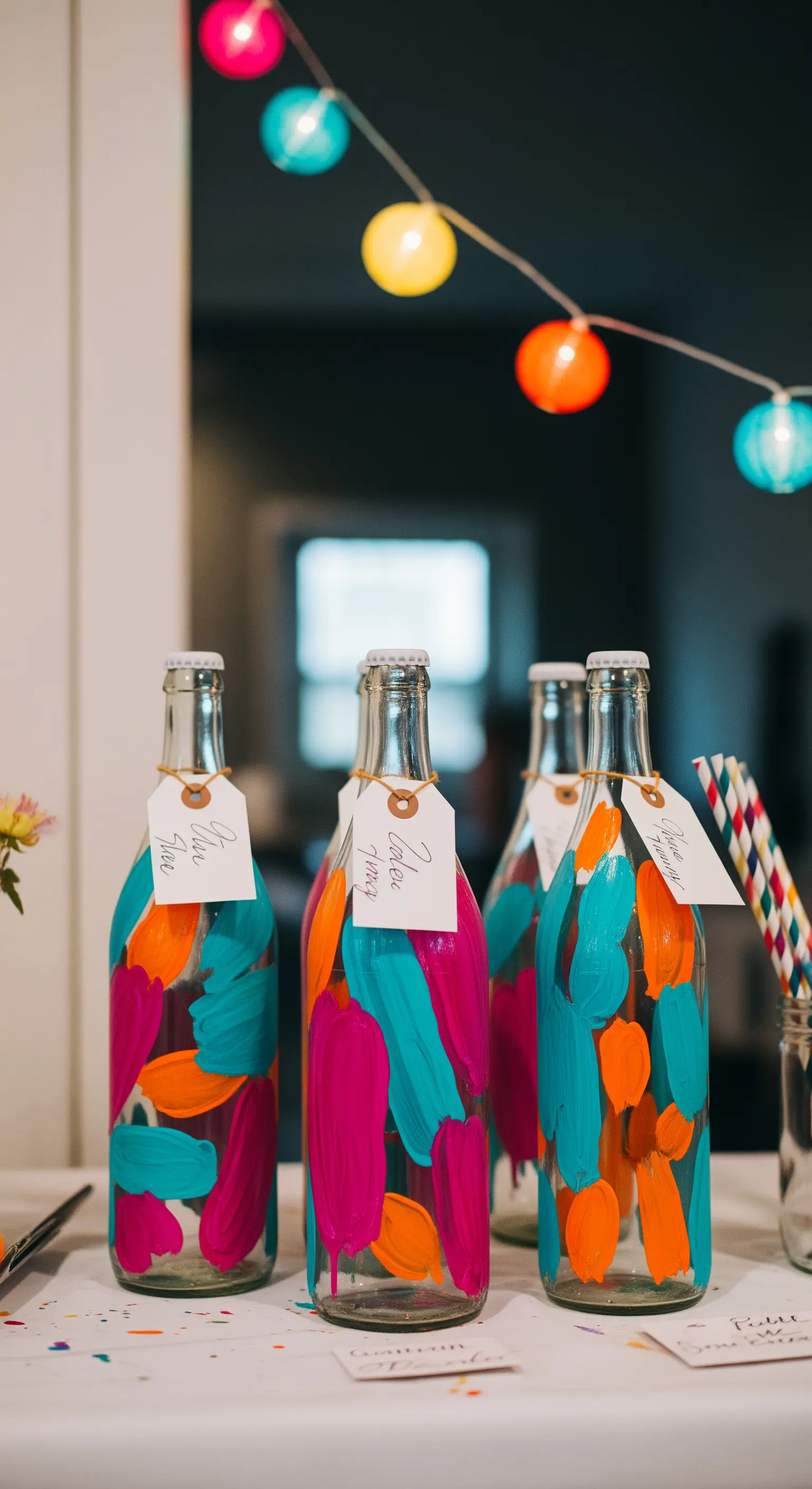 Bottiglie di vetro dipinte a mano con pennellate astratte di colori vivaci come fucsia e turchese.
