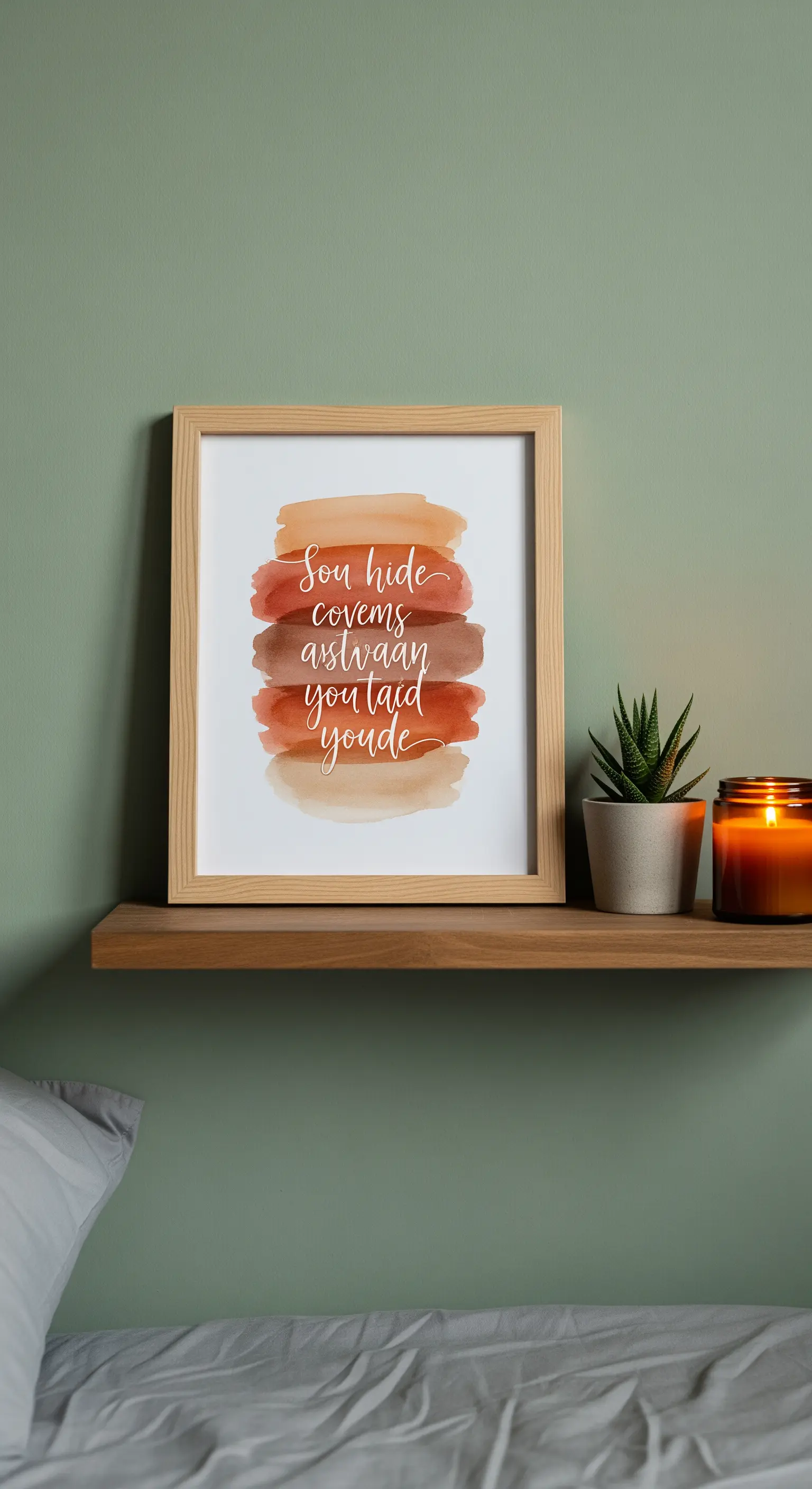 Quadro con pennellate orizzontali in toni terracotta, appoggiato su una mensola in legno.