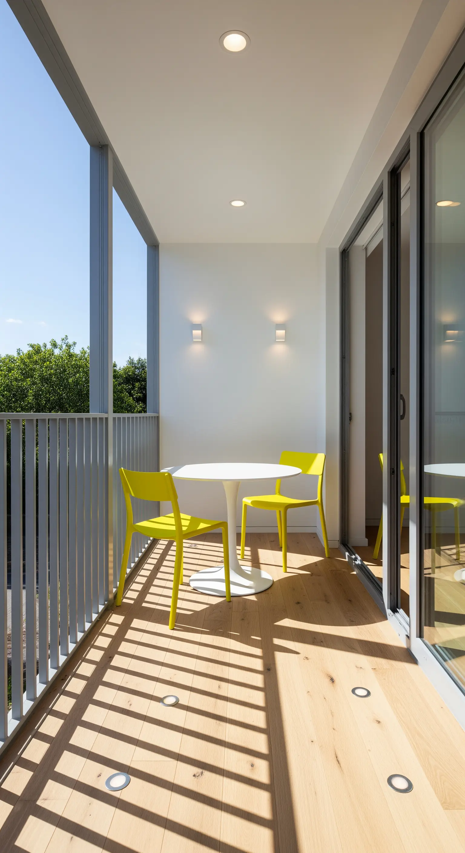 Balcone moderno di giorno con pavimento in legno chiaro e sedie gialle brillanti