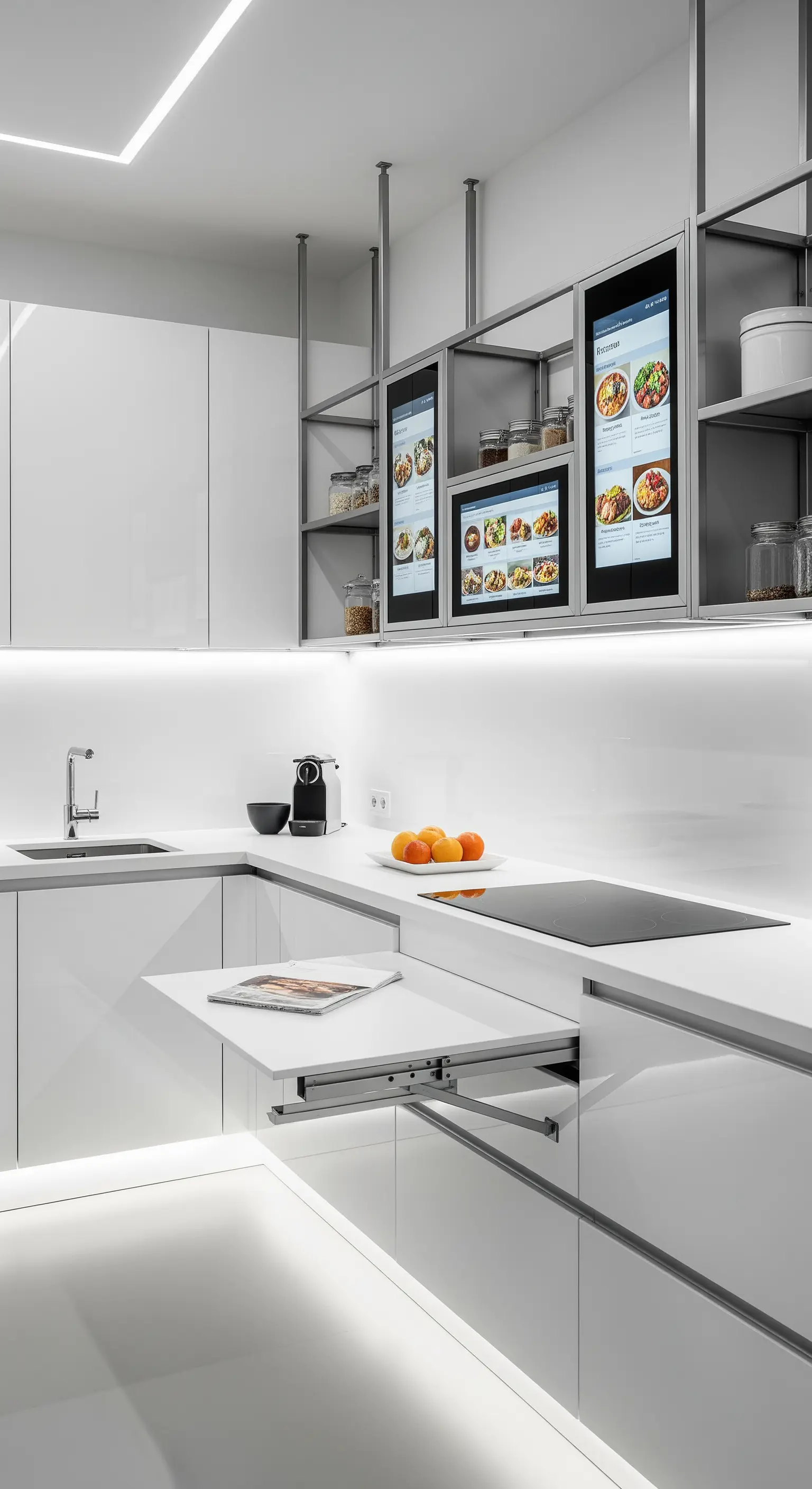 Cucina futuristica bianca con tavolo estraibile, illuminazione a LED integrata e schermi digitali.
