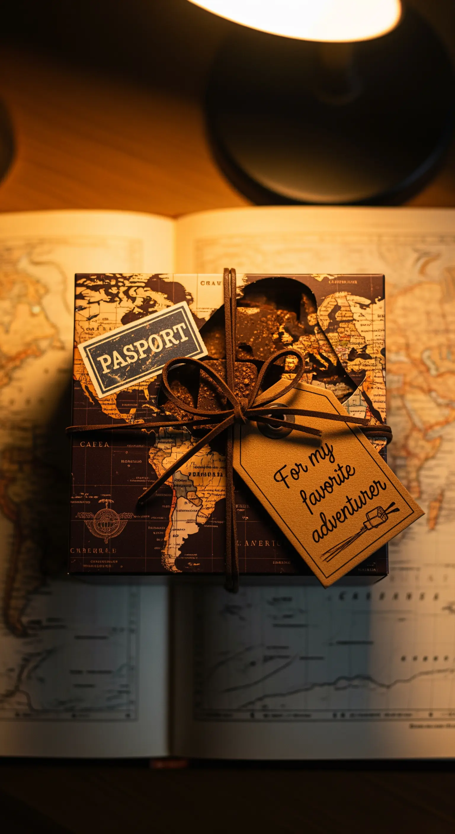 Scatola regalo a tema mappa del mondo con spago e un tag per 'viaggiatori preferiti'.