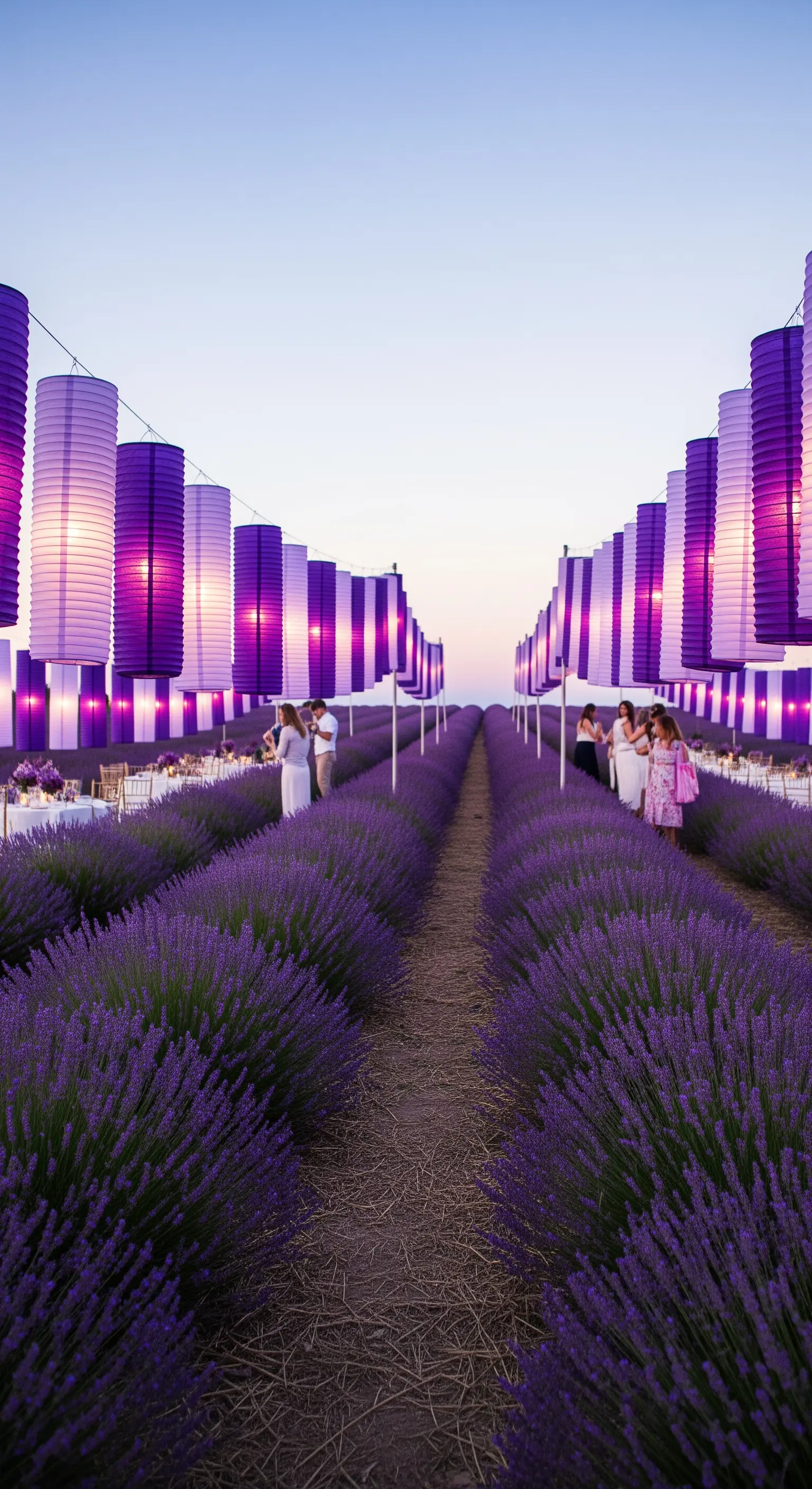 Lunghe file di lanterne cilindriche viola e bianche che illuminano un campo di lavanda al tramonto.