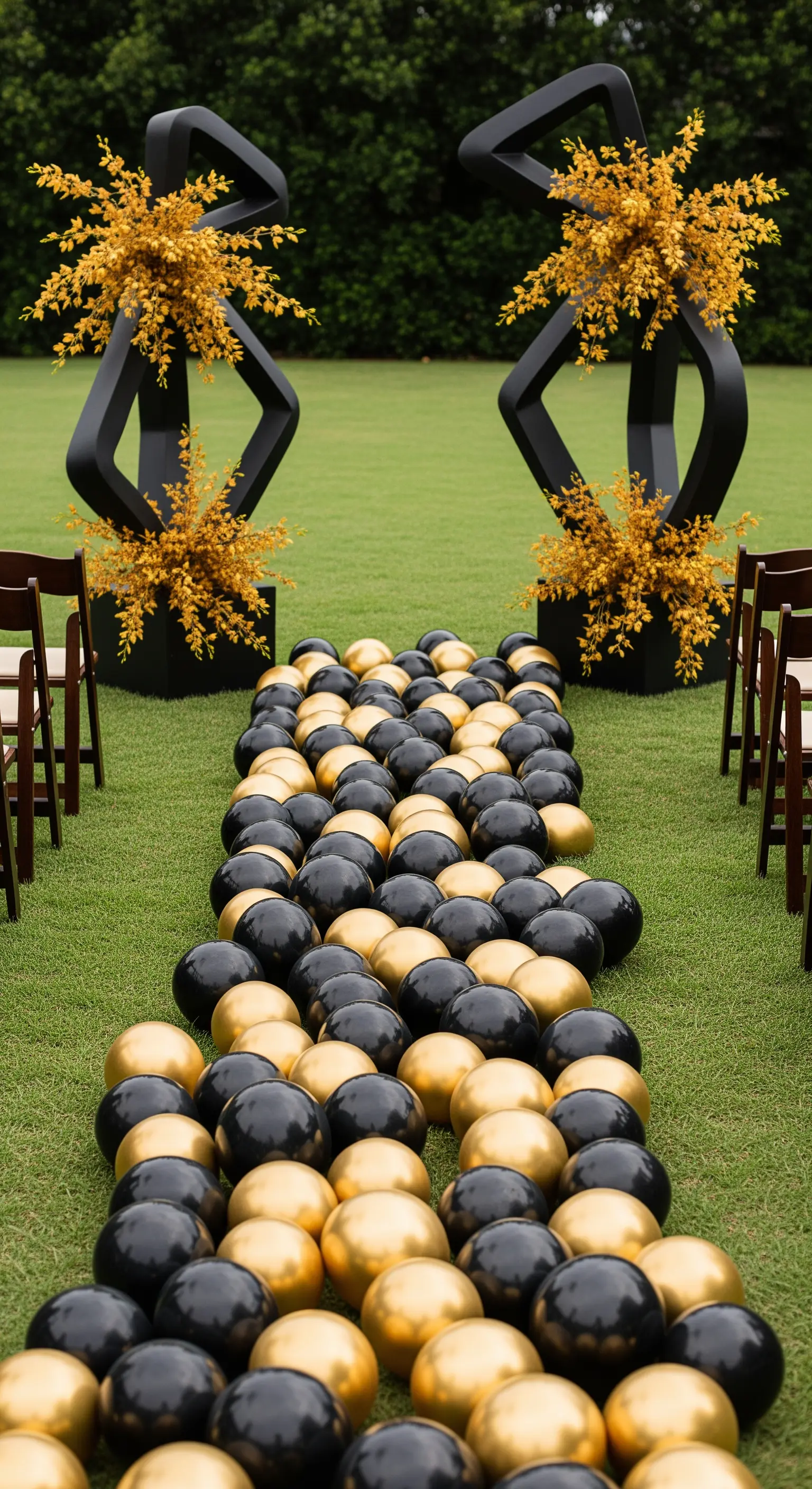 Navata per cerimonia all'aperto creata con un tappeto di palloncini neri e oro sull'erba.