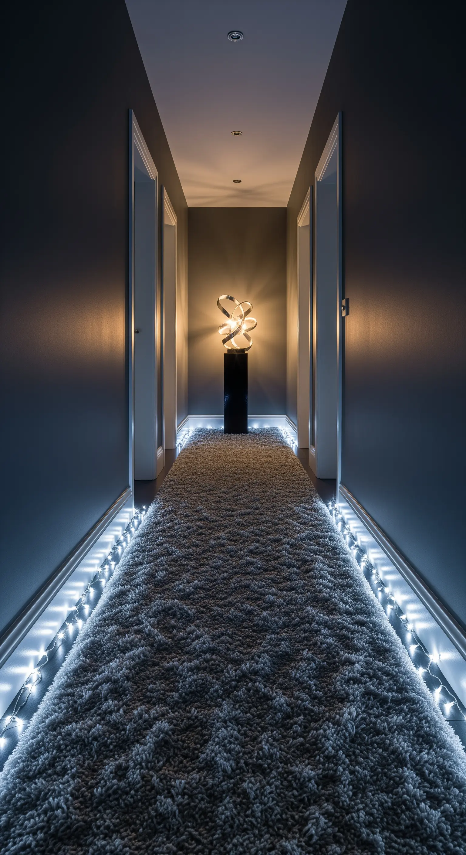 Corridoio moderno con pareti grigie, tappeto shaggy e strisce LED lungo i battiscopa.