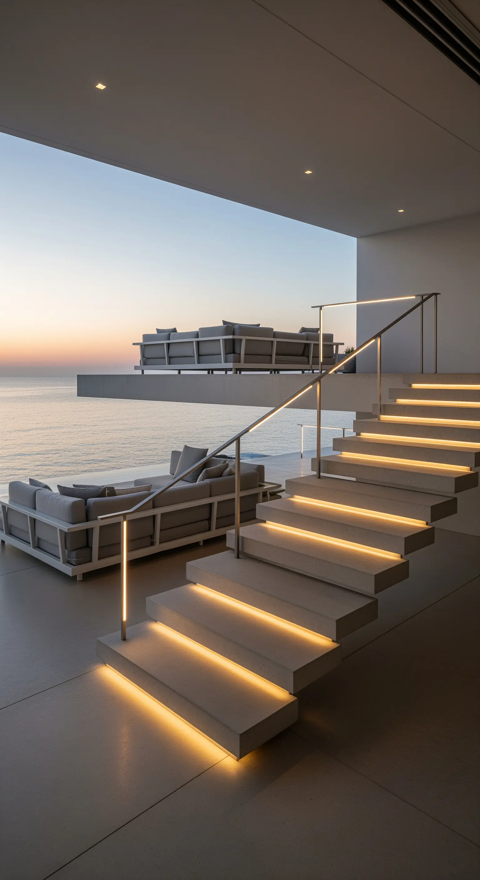 Scala esterna in cemento con illuminazione a LED integrata sotto ogni gradino, vista mare