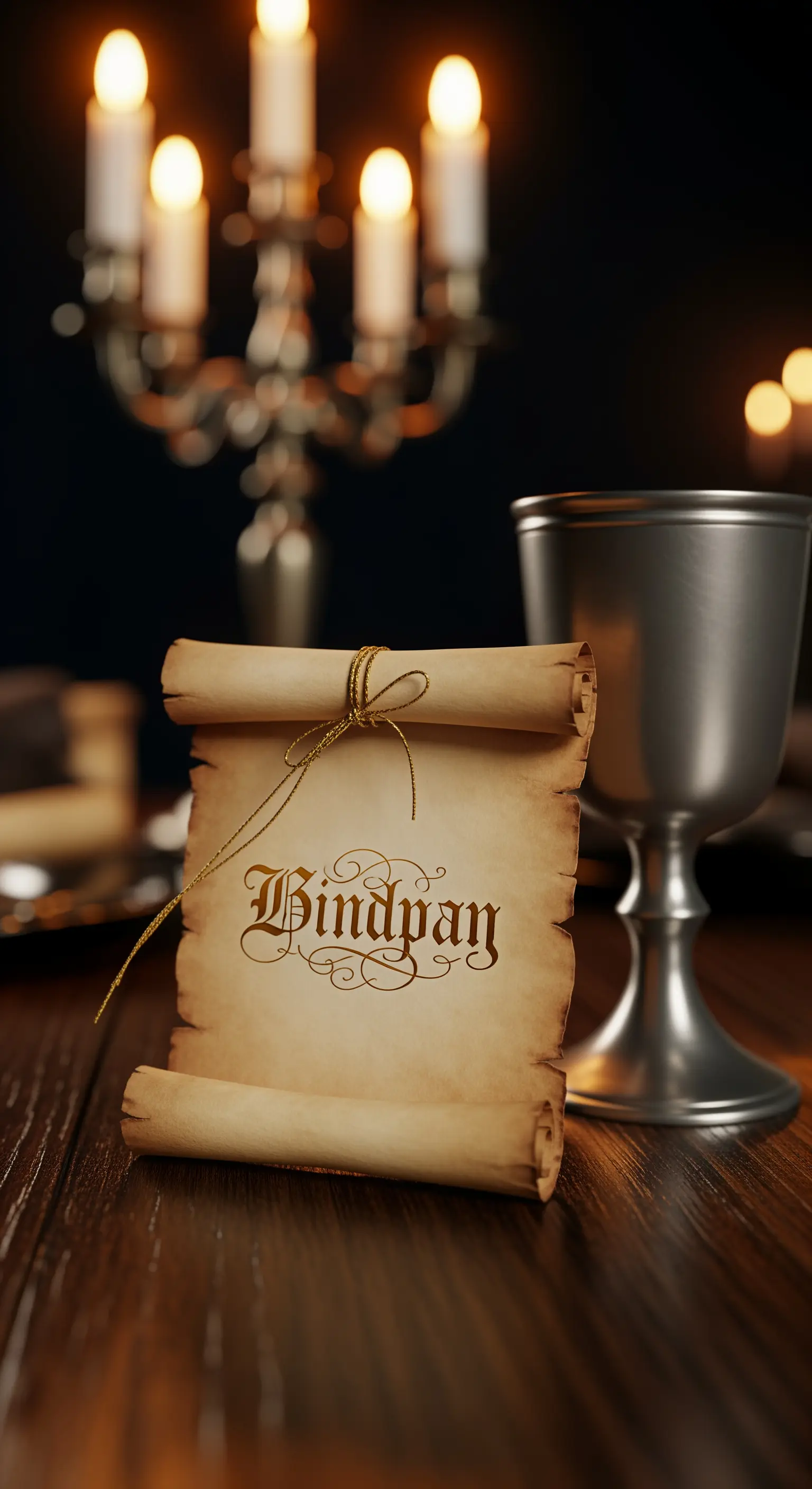 Piccola pergamena arrotolata con nome in stile gotico dorato, accanto a un calice d'argento.