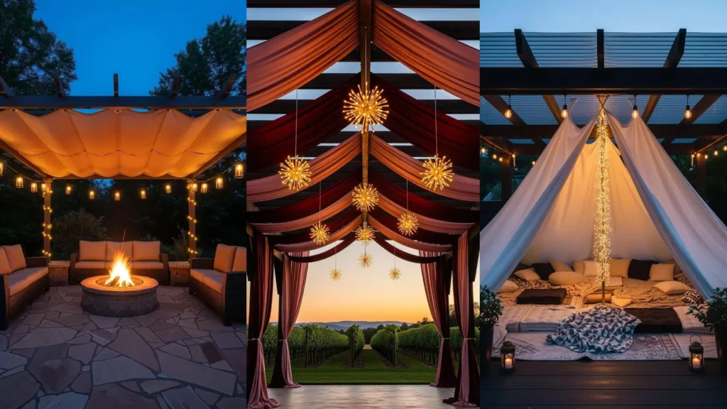 Tre pergolati mediterranei illuminati con tessuti leggeri e lucine sospese, ideali per esterni da sogno fai da te.