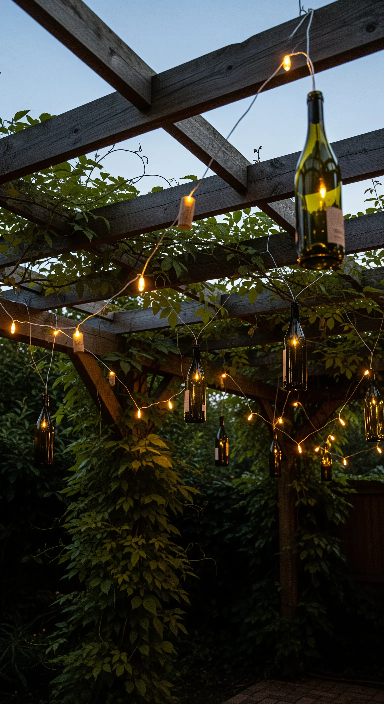 Bottiglie di vino scuro usate come paralumi per una catena di luci solari su un pergolato.